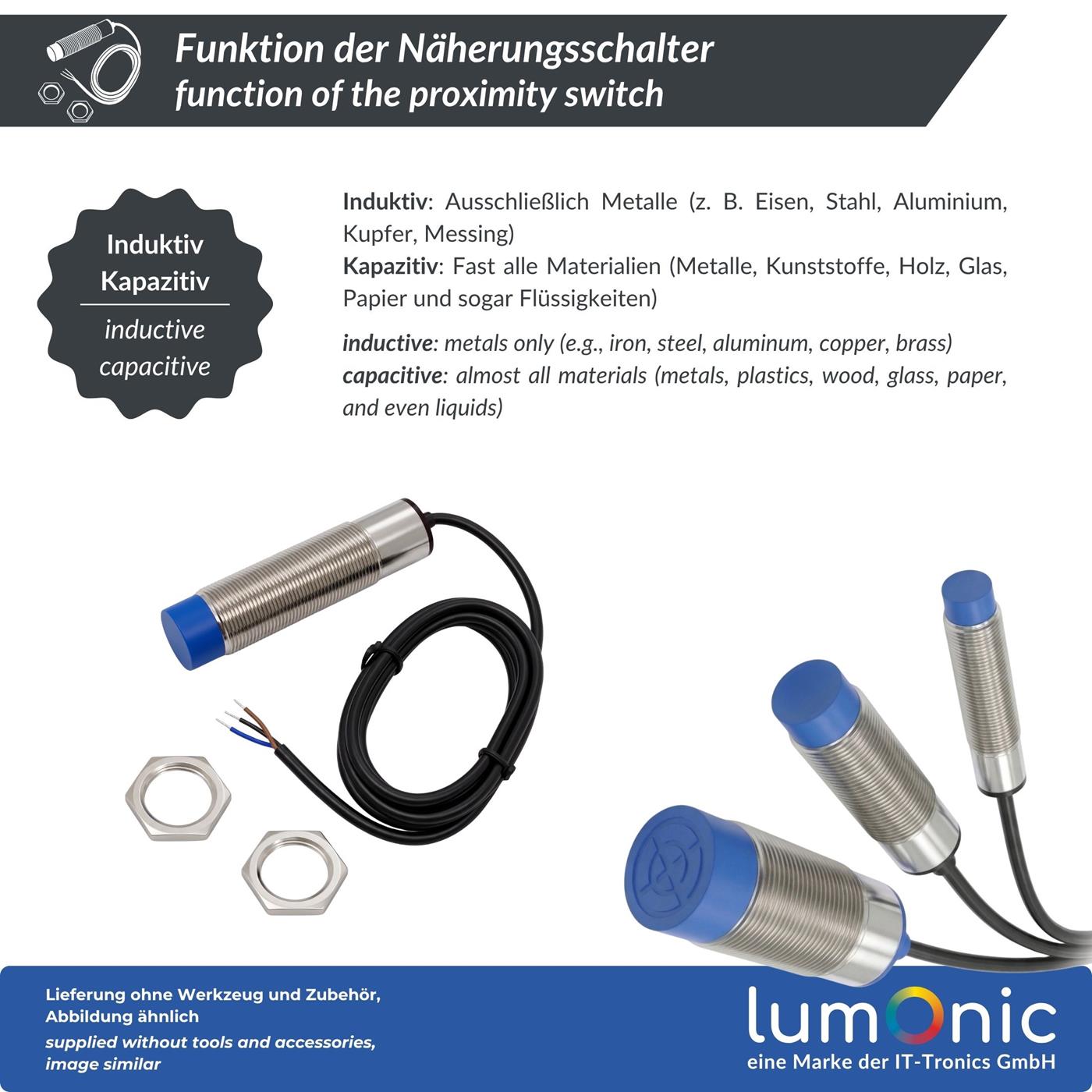 Näherungsschalter , M30 ?30mm, 6…36V DC, Öffner, PNP, IP67, Erfassungsbereich < 15mm, Näherungssensor aus Messing, vernickelt, Endschalter mit offenem Kabelende