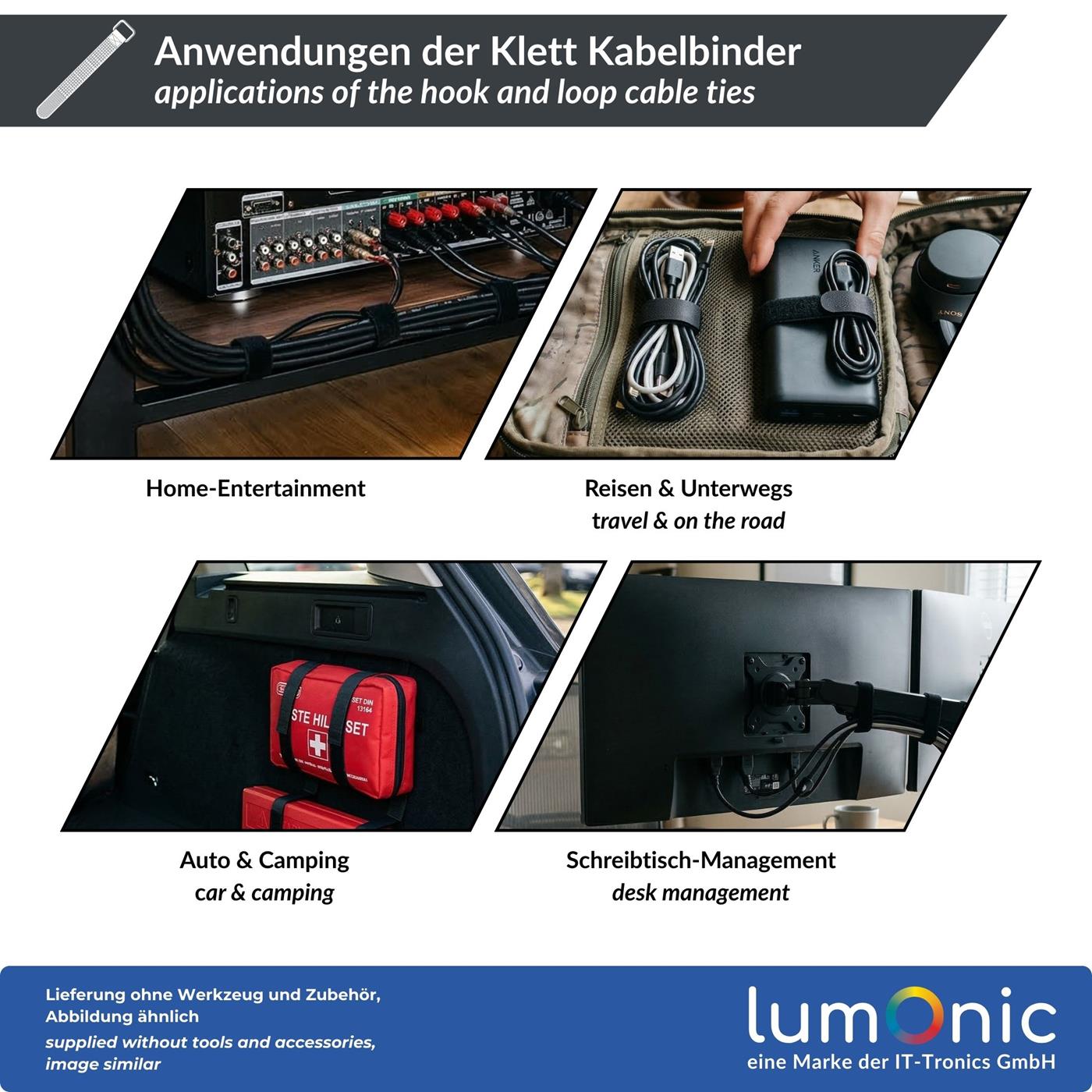 Lumonic 10 Stück Klettkabelbinder schwarz / rot, 200x20mm, gekreuzt, robuste Metallöse, Kabelklett mehrfach wiederverwendbar, einfaches Kabelmanagement und Ordnung
