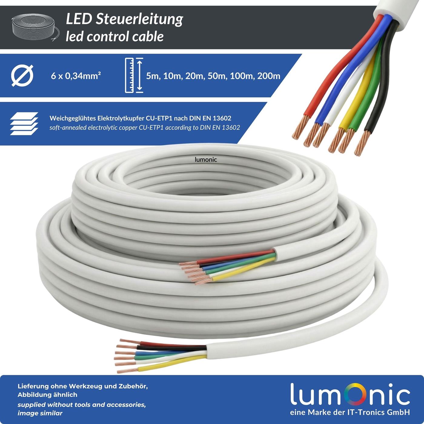 1m RGBW CCT LED Steuerleitung 6x 0,34mm² LiYY Verlängerung 6 adrig Stromkabel Weiß