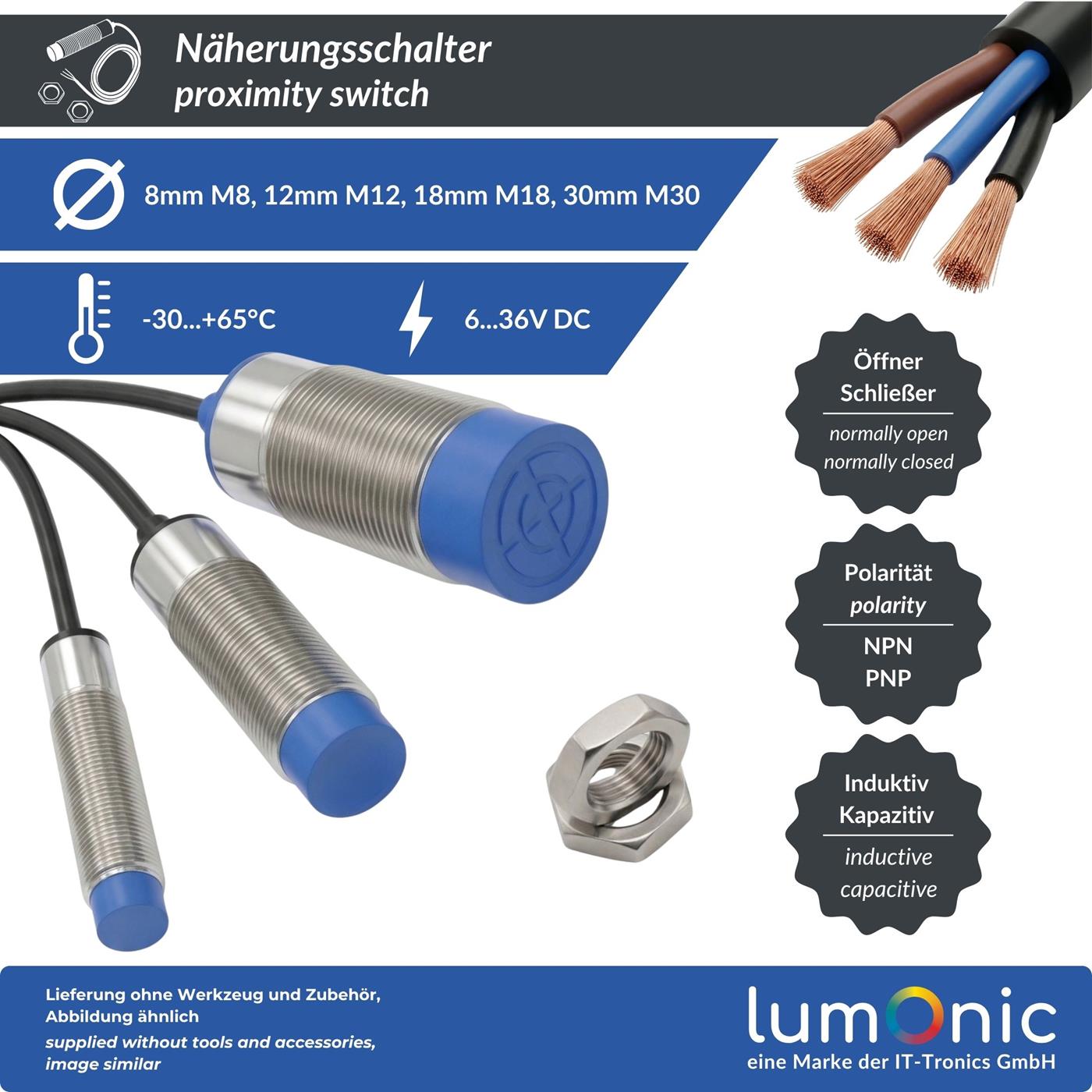 Näherungsschalter , M12 ?12mm, 6…36V DC, Schließer, PNP, IP67, Erfassungsbereich < 4mm, Näherungssensor aus Messing, vernickelt, Endschalter mit offenem Kabelende