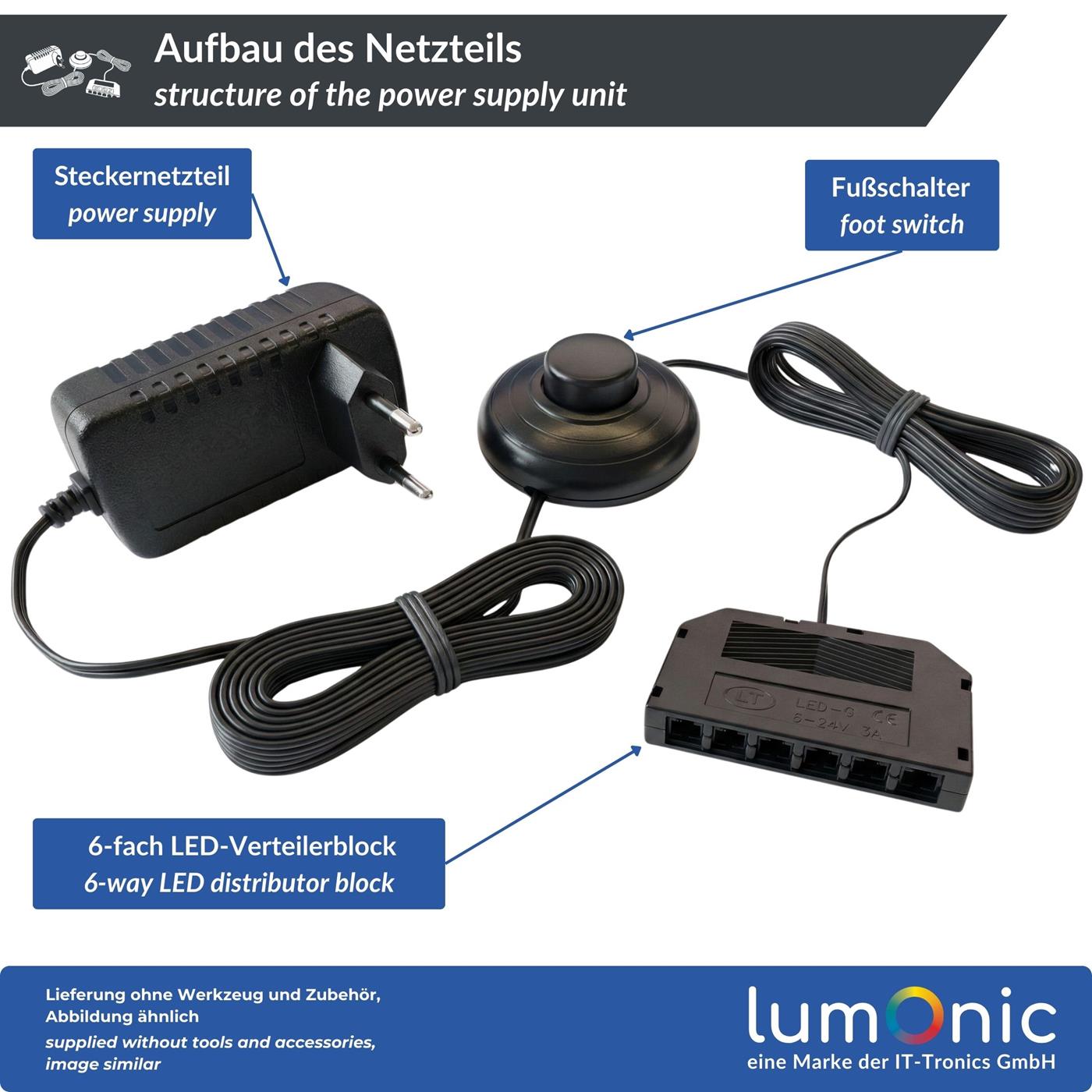 LED Netzteil Glaskantenbeleuchtung 12V 18W mit Fußschalter & 6-fach Verteiler, 340cm, Plug & Play, Trafo für Glasbodenbeleuchtung