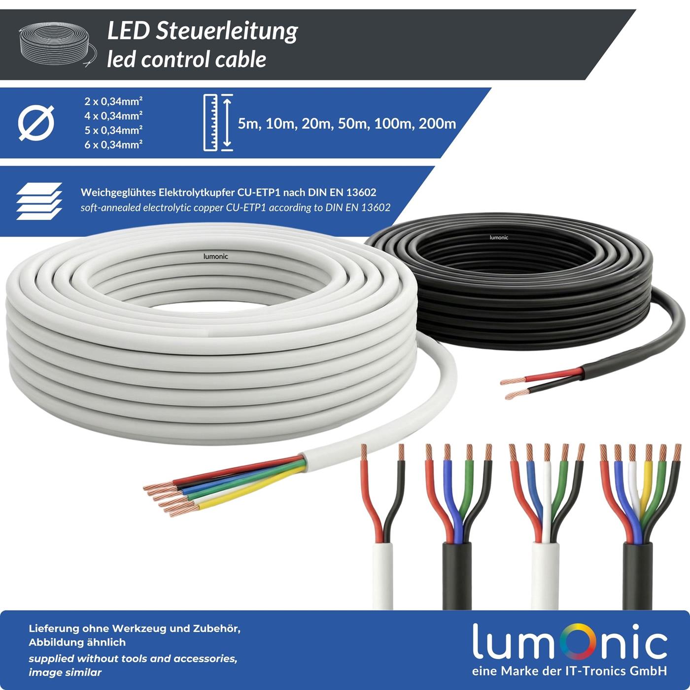 1m RGB LED Steuerleitung 4x 0,34mm² LiYY Verlängerung 4 adrig Stromkabel Schwarz UV beständig