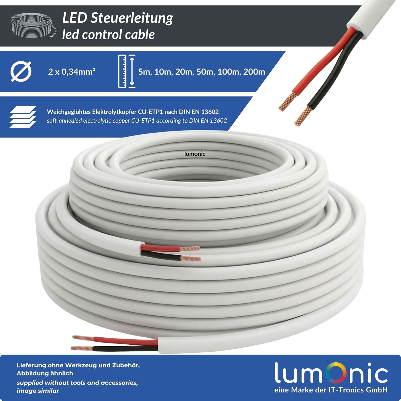 1m LED Steuerleitung 2x 0,34mm² LiYY Verlängerung 2 adrig Stromkabel Weiß