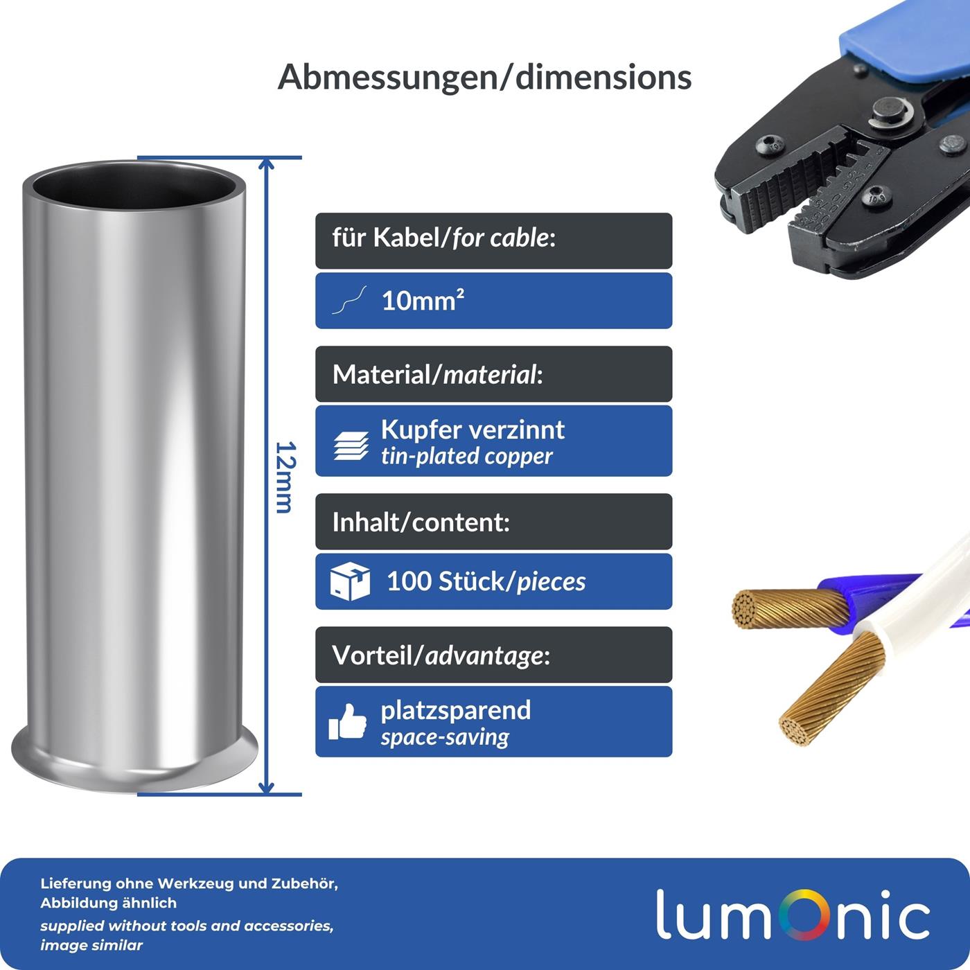 100x Aderendhülse blank 10mm² Kupfer verzinnt 4,5x12mm Hülse