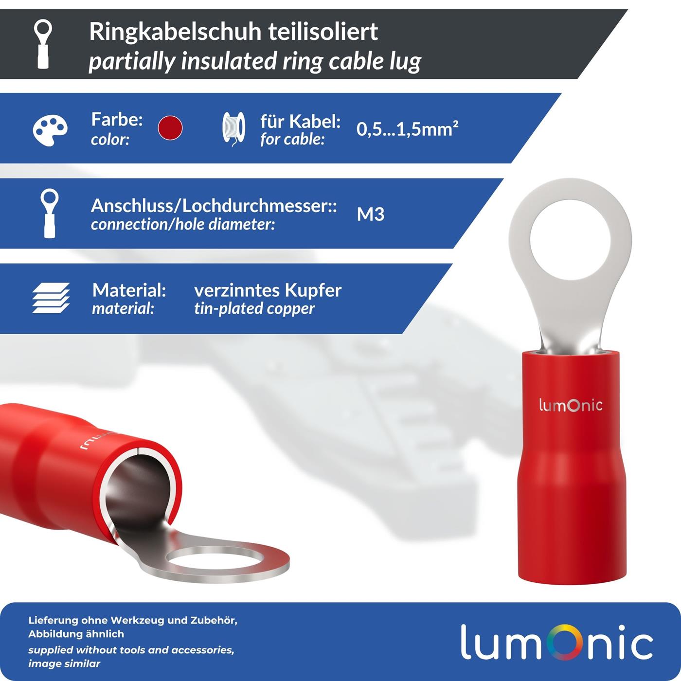 25x Ringkabelschuh teilisoliert 0,5-1,5mm² Lochdurchmesser M3 Rot Ringzunge Kupfer verzinnt