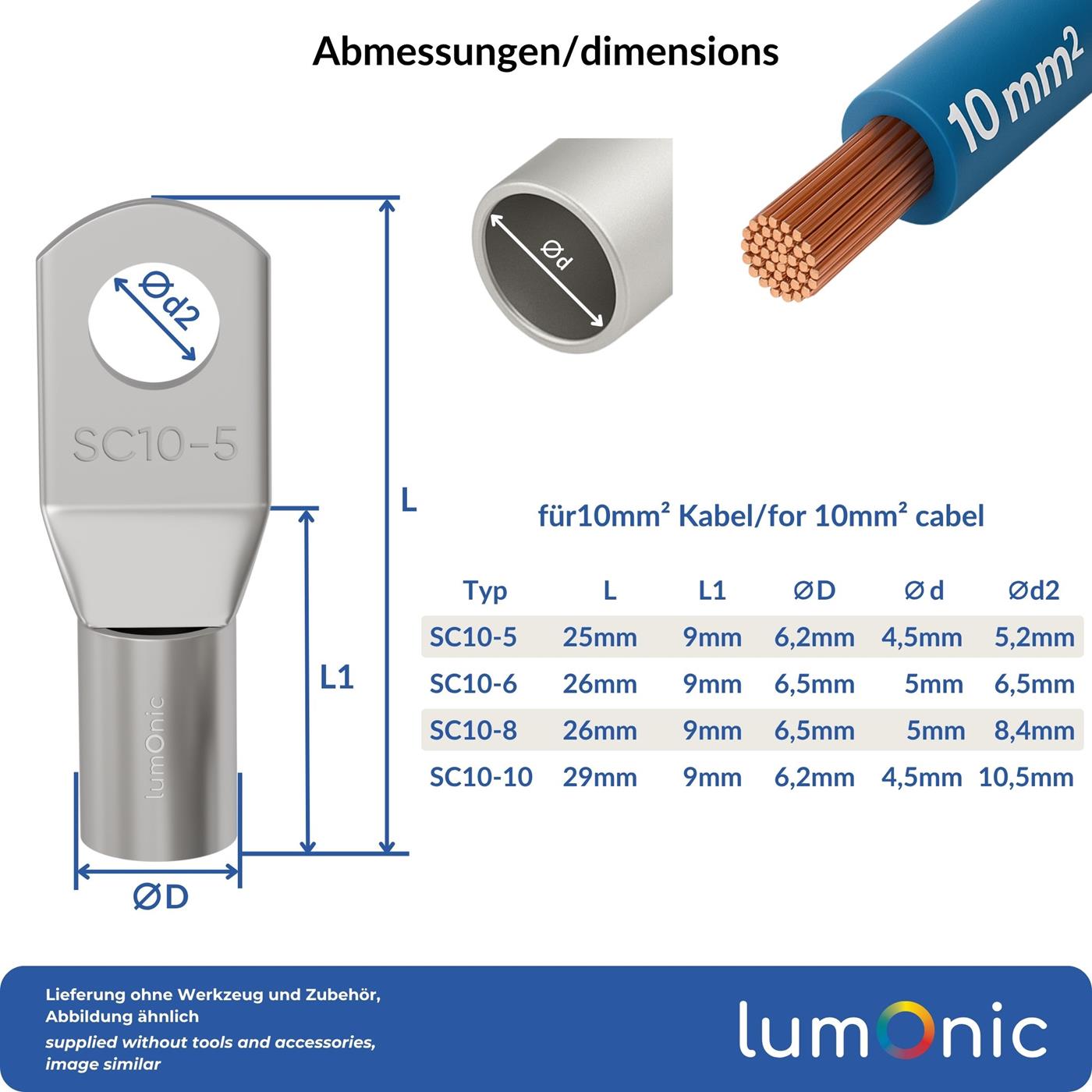 10x Rohrkabelschuh blank 10mm² Lochdurchmesser M5 SC10-5 Ringzunge Kupfer verzinnt