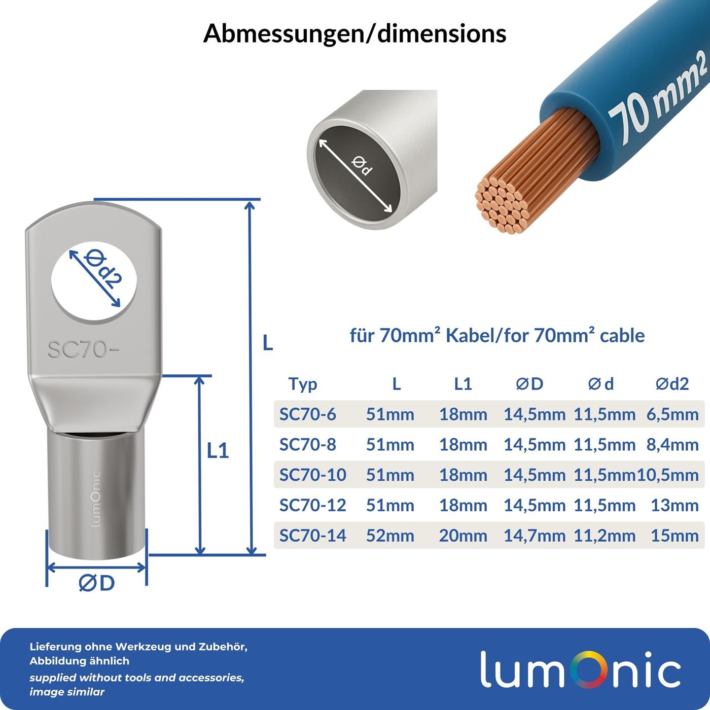 Rohrkabelschuh blank 70mm² Lochdurchmesser M8 SC70-8 Ringzunge Kupfer verzinnt