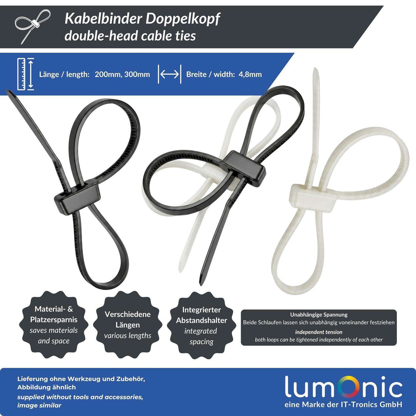 100 Stück Kabelbinder Doppelschlaufe Weiß, 300 × 4,8mm, bis 22kg Zugfestigkeit, Nylon PA6.6, Zwei Bündel an einem Fixpunkt, Kabelmanagement, Industrie, Haushalt