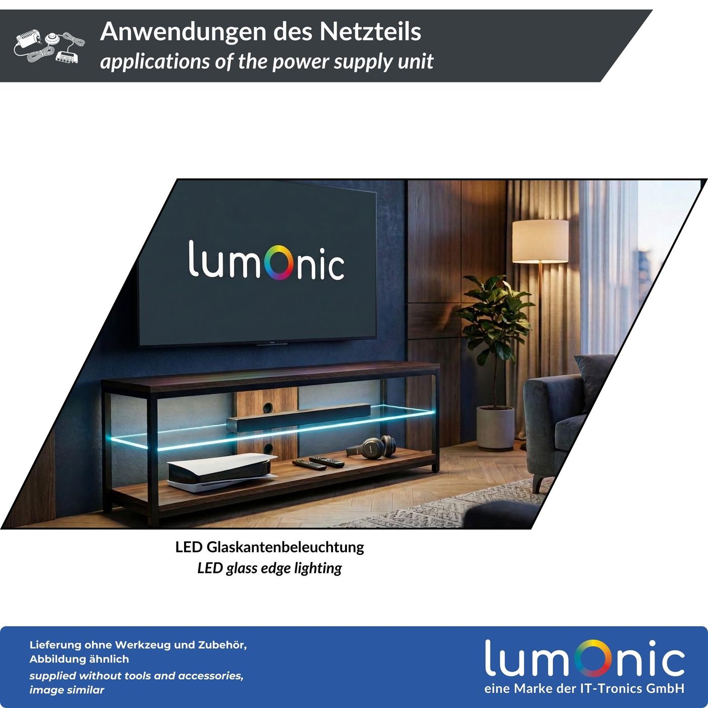 LED Netzteil Glaskantenbeleuchtung 12V 18W mit Fußschalter & 6-fach Verteiler, 340cm, Plug & Play, Trafo für Glasbodenbeleuchtung