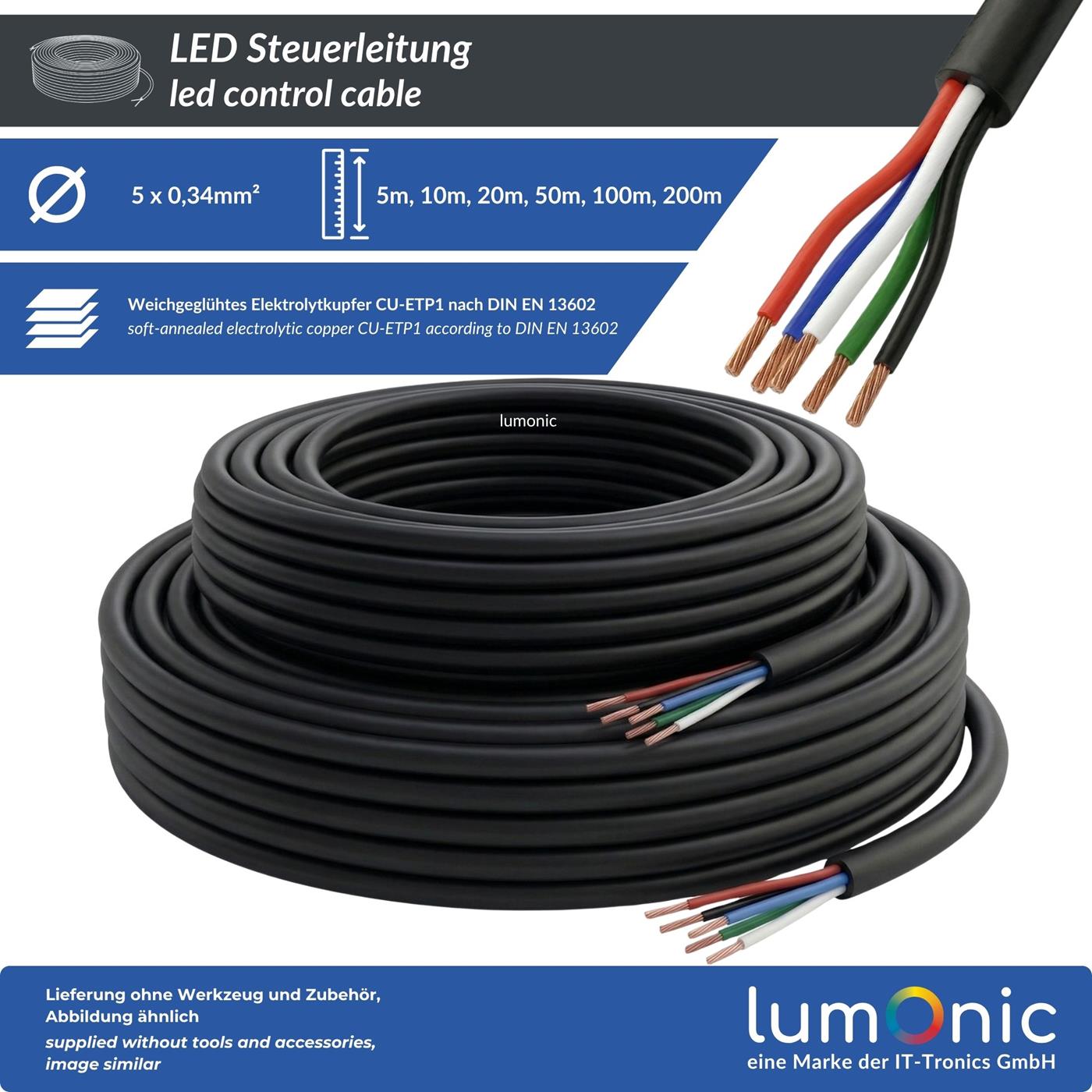 1m RGBW LED Steuerleitung 5x 0,34mm² LiYY Verlängerung 5 adrig Stromkabel Schwarz UV beständig