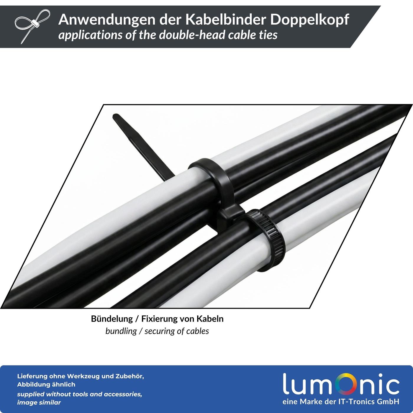 100 Stück Kabelbinder Doppelschlaufe Weiß, 200 × 4,8mm, bis 22kg Zugfestigkeit, Nylon PA6.6, Zwei Bündel an einem Fixpunkt, Kabelmanagement, Industrie, Haushalt