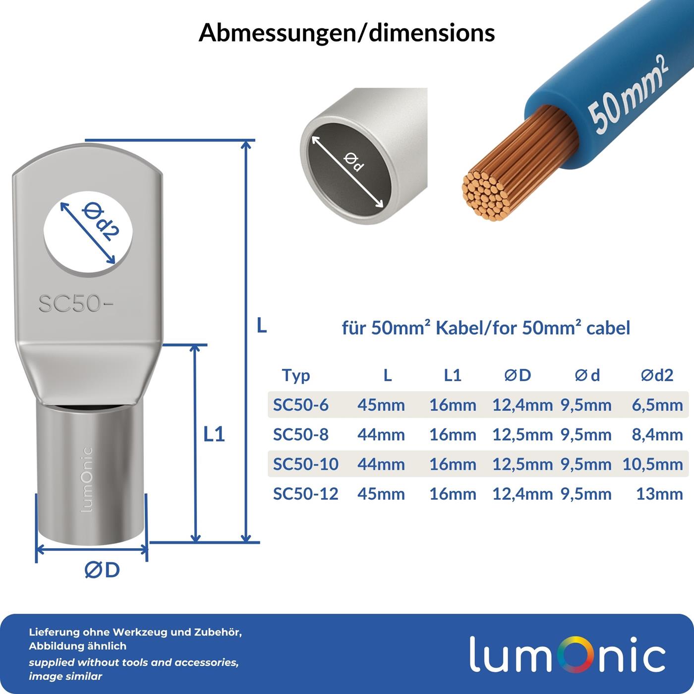 Rohrkabelschuh blank 50mm² Lochdurchmesser M8 SC50-8 Ringzunge Kupfer verzinnt