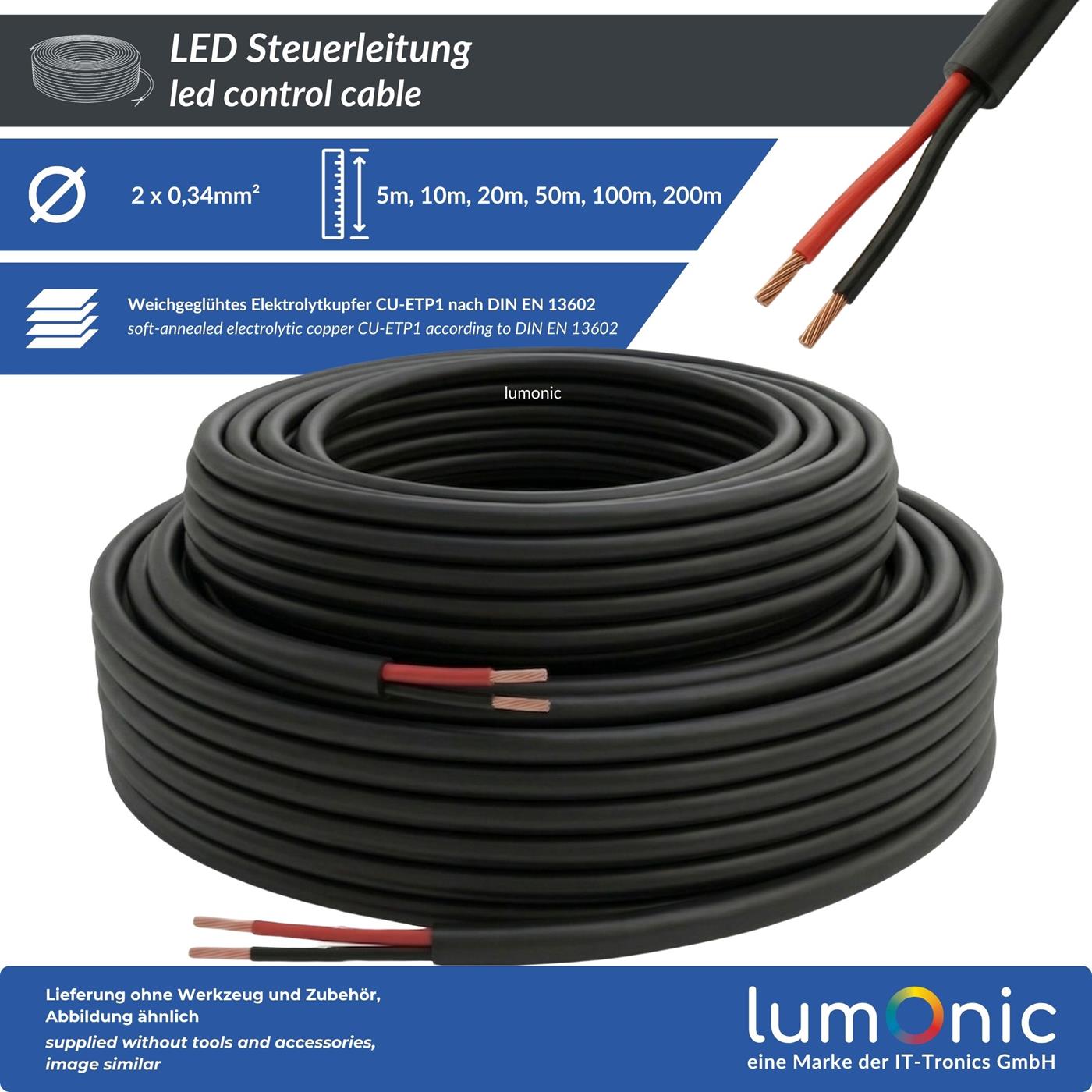 1m LED Steuerleitung 2x 0,34mm² LiYY Verlängerung 2 adrig Stromkabel Schwarz UV beständig