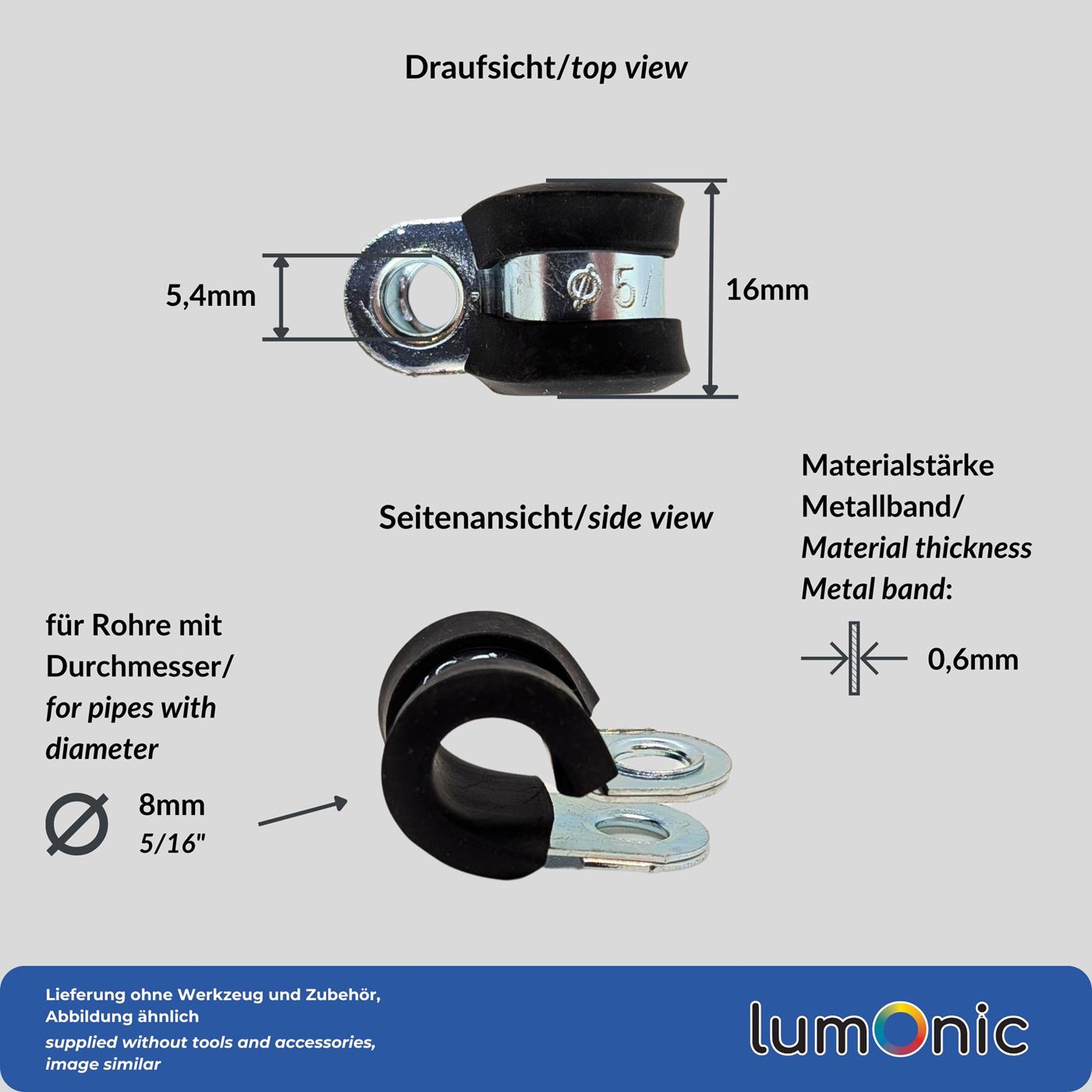 10x P-Clip Leitungsschelle mit Gummi 8mm Rohrschelle Befestigungsschelle