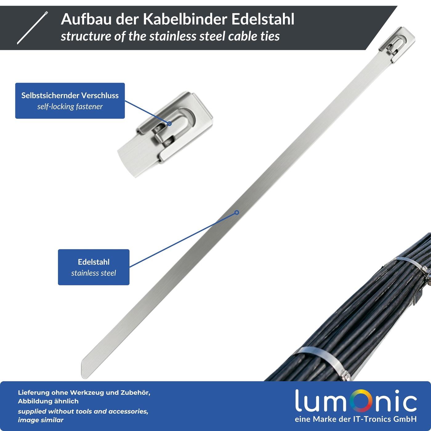 Kabelbinder Edelstahl, 360 × 4,6mm, extra stark, bis 46kg Zugfestigkeit, bis 500°C, UV-Beständig & Wetterfest, Kabelbinder Metall für Outdoor, Solar, Auspuff & Zaun