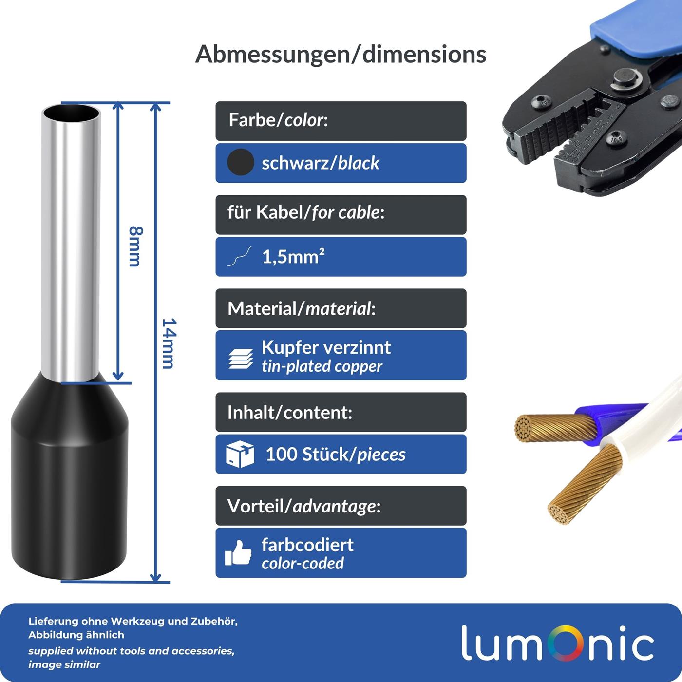 100x Aderendhülse isoliert 1,5mm² Schwarz Kupfer verzinnt 1,7x8mm Hülse