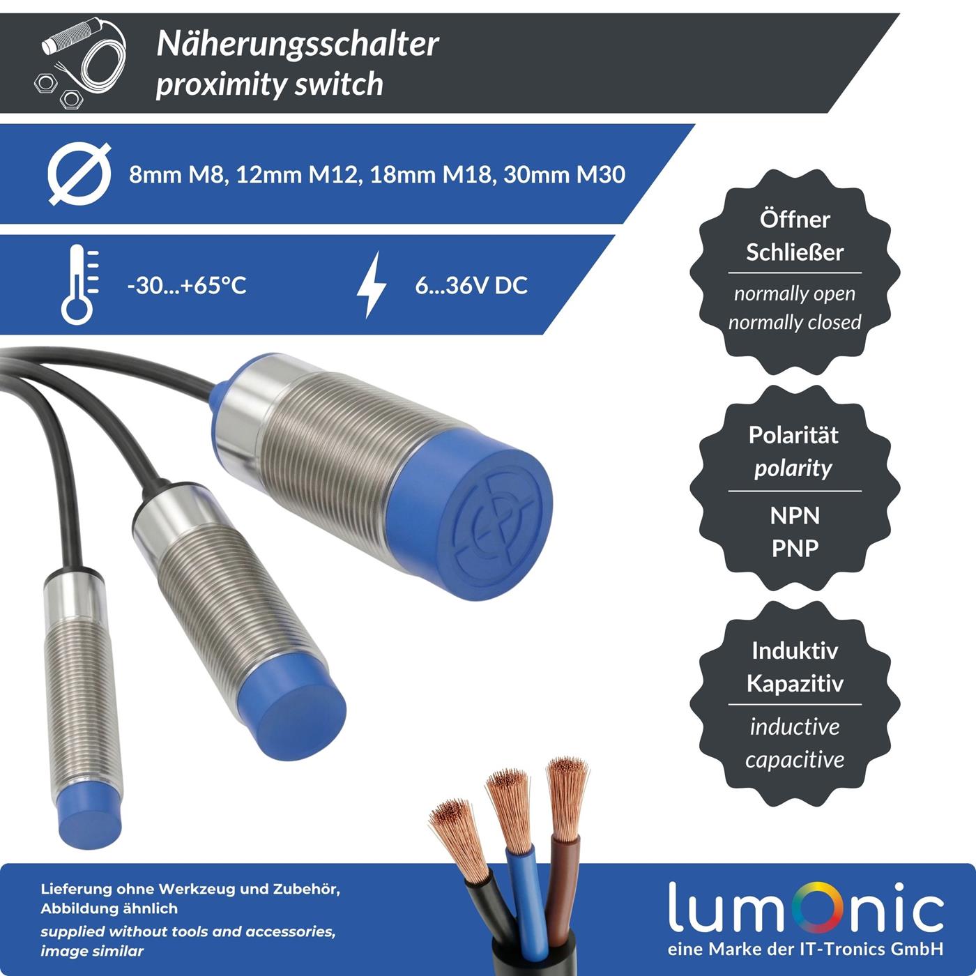 Näherungsschalter , M30 ?30mm, 6…36V DC, Öffner, NPN, IP67, Erfassungsbereich < 15mm, Näherungssensor aus Messing, vernickelt, Endschalter mit offenem Kabelende
