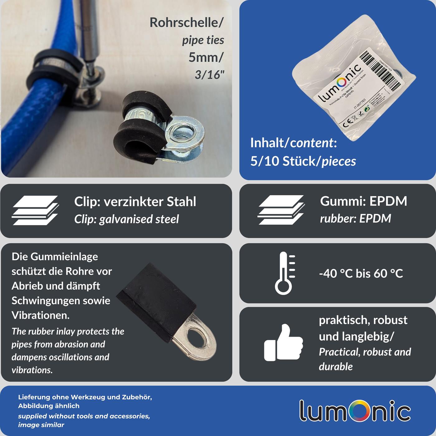 5x P-Clip Leitungsschelle mit Gummi 5mm Rohrschelle Befestigungsschelle
