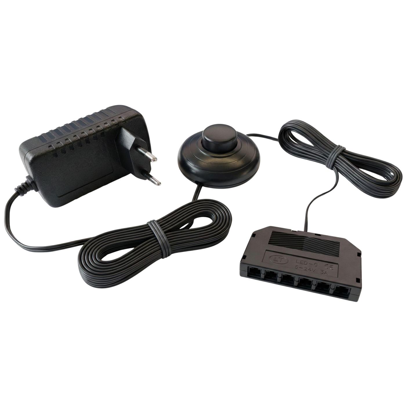 LED Netzteil Glaskantenbeleuchtung 12V 18W mit Fußschalter & 6-fach Verteiler, 340cm, Plug & Play, Trafo für Glasbodenbeleuchtung