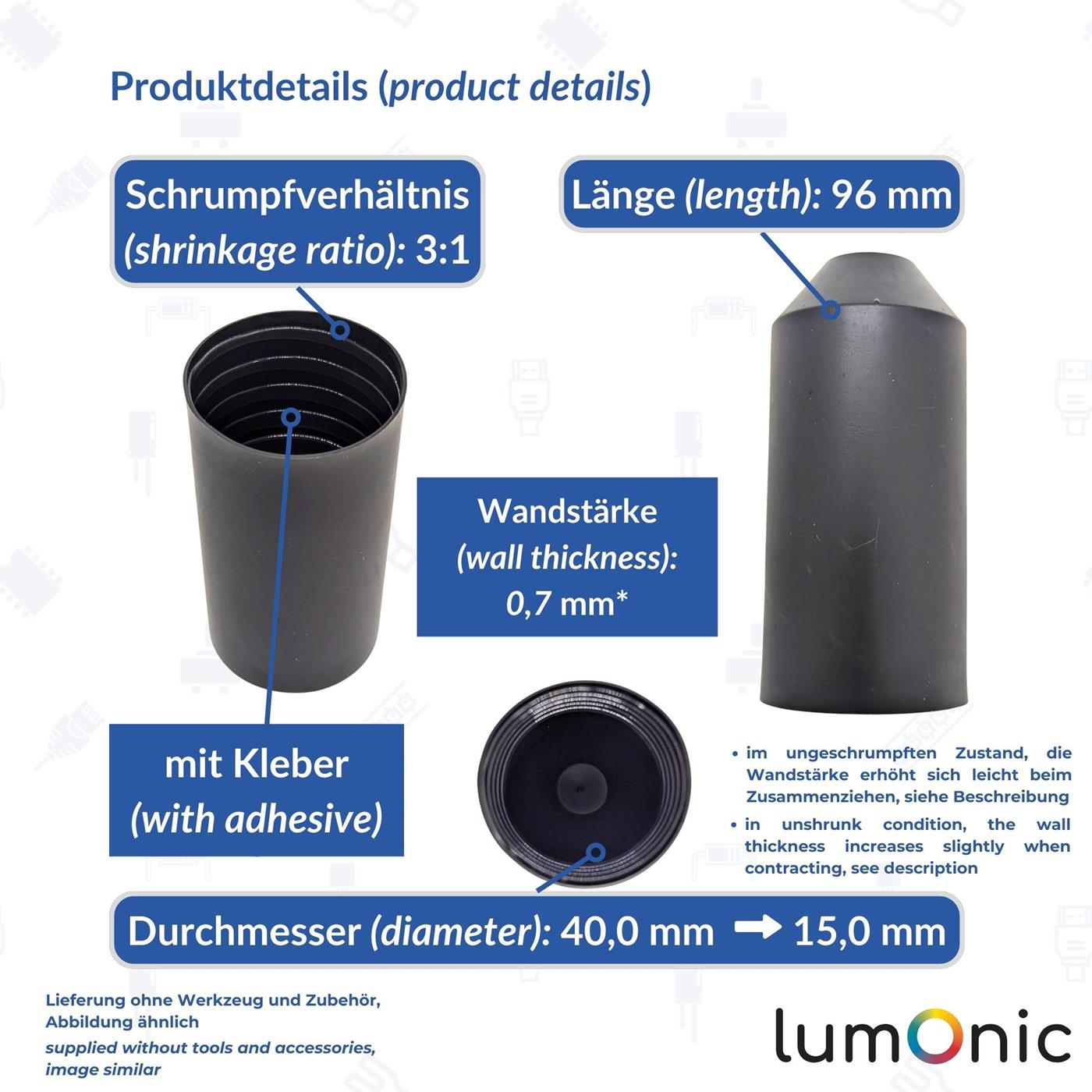 Warmschrumpf Endkappe mit Kleber 40 -> 20mm schwarz Verhältnis 3:1 vernetztes Polyolefin Schrumpfkappe für Kabel, Rohre und Seile
