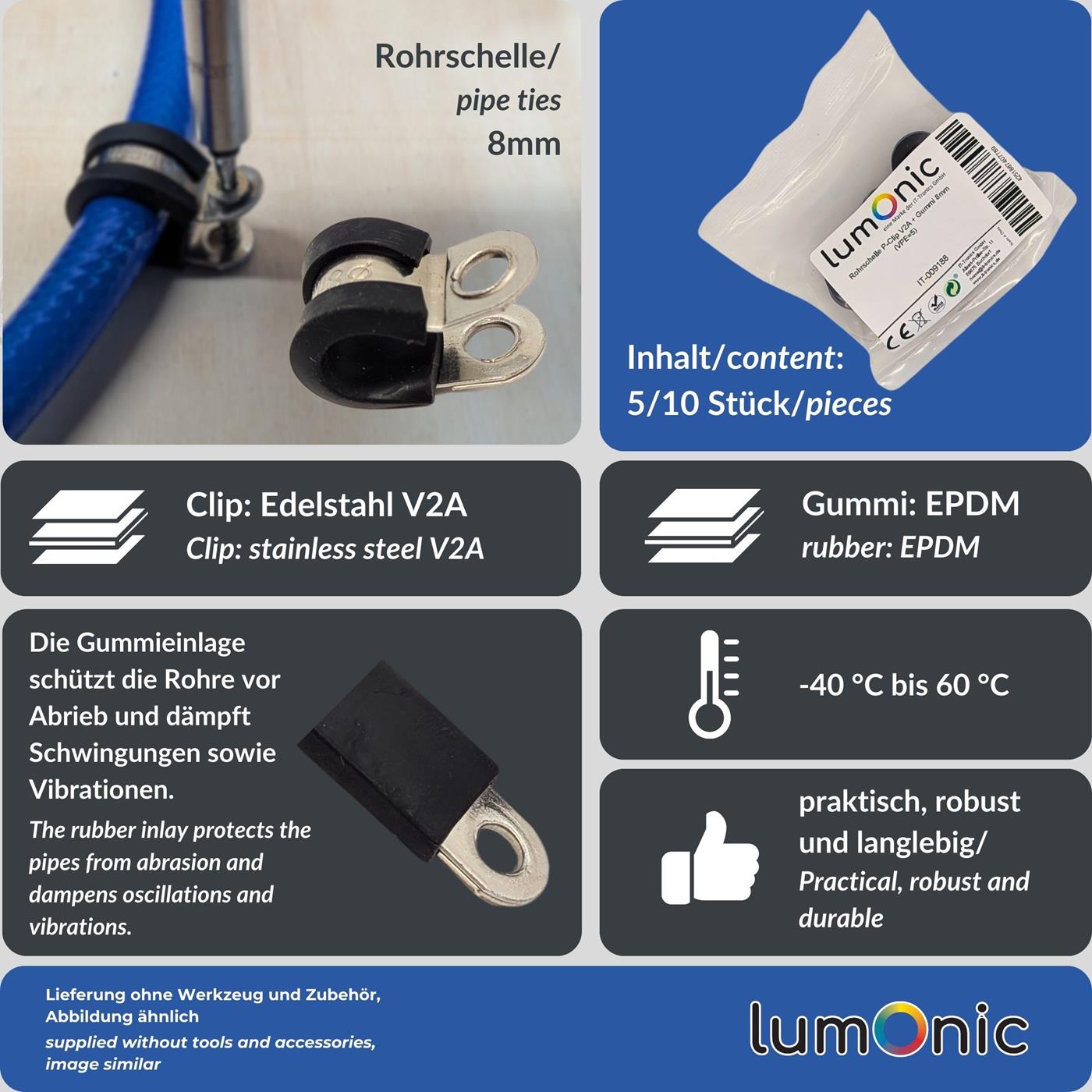 10x P-Clip Leitungsschelle Edelstahl V2A mit Gummi 8mm Rohrschelle Befestigungsschelle