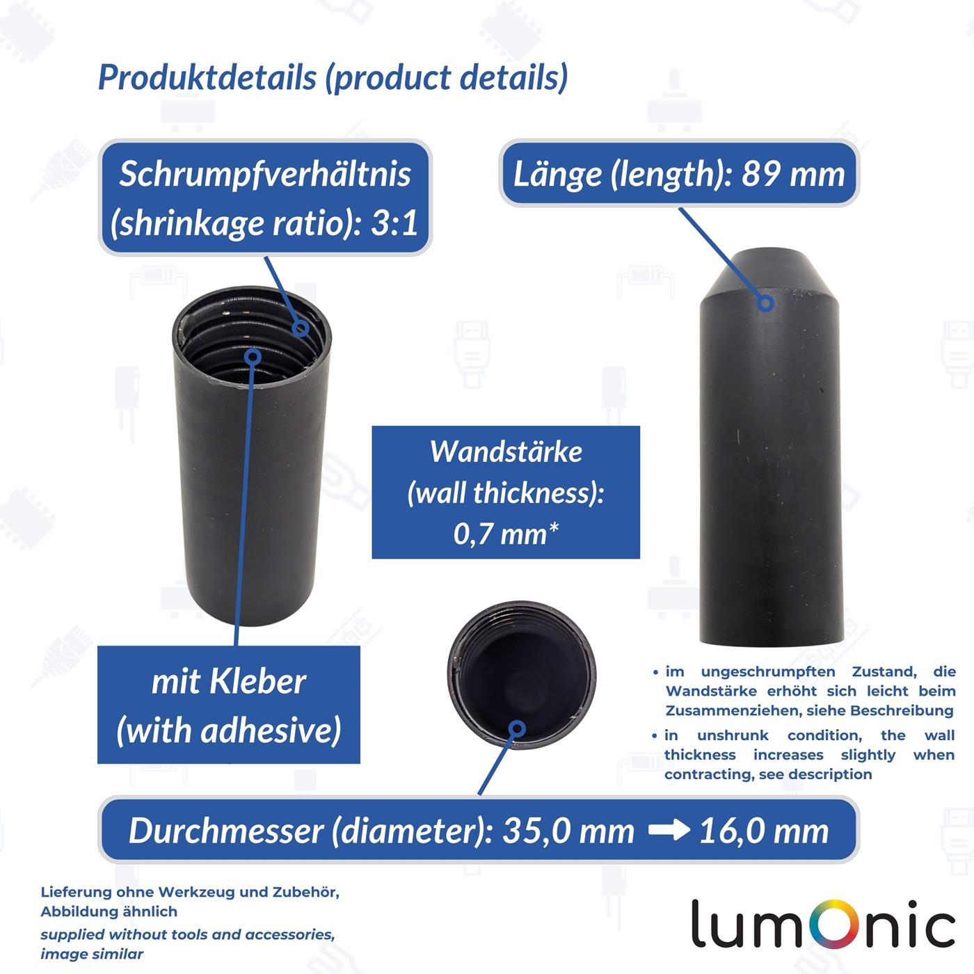 Warmschrumpf Endkappe mit Kleber 35 -> 18mm schwarz Verhältnis 3:1 vernetztes Polyolefin Schrumpfkappe für Kabel, Rohre und Seile