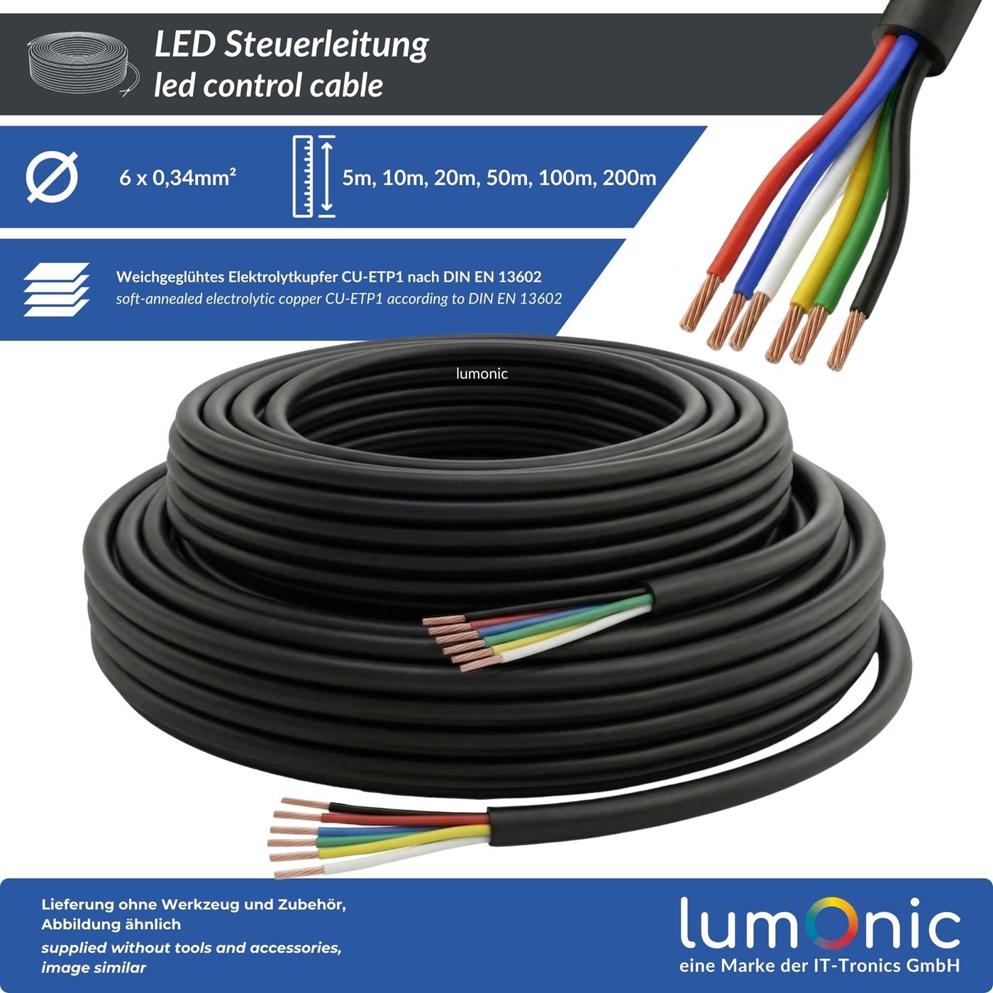 1m RGBW CCT LED Steuerleitung 6x 0,34mm² LiYY Verlängerung 6 adrig Stromkabel Schwarz UV beständig