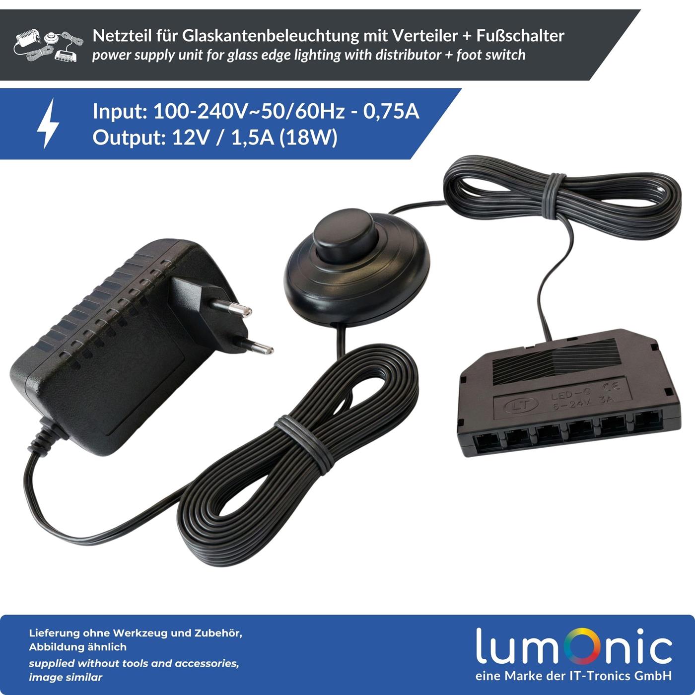 LED Netzteil Glaskantenbeleuchtung 12V 18W mit Fußschalter & 6-fach Verteiler, 340cm, Plug & Play, Trafo für Glasbodenbeleuchtung