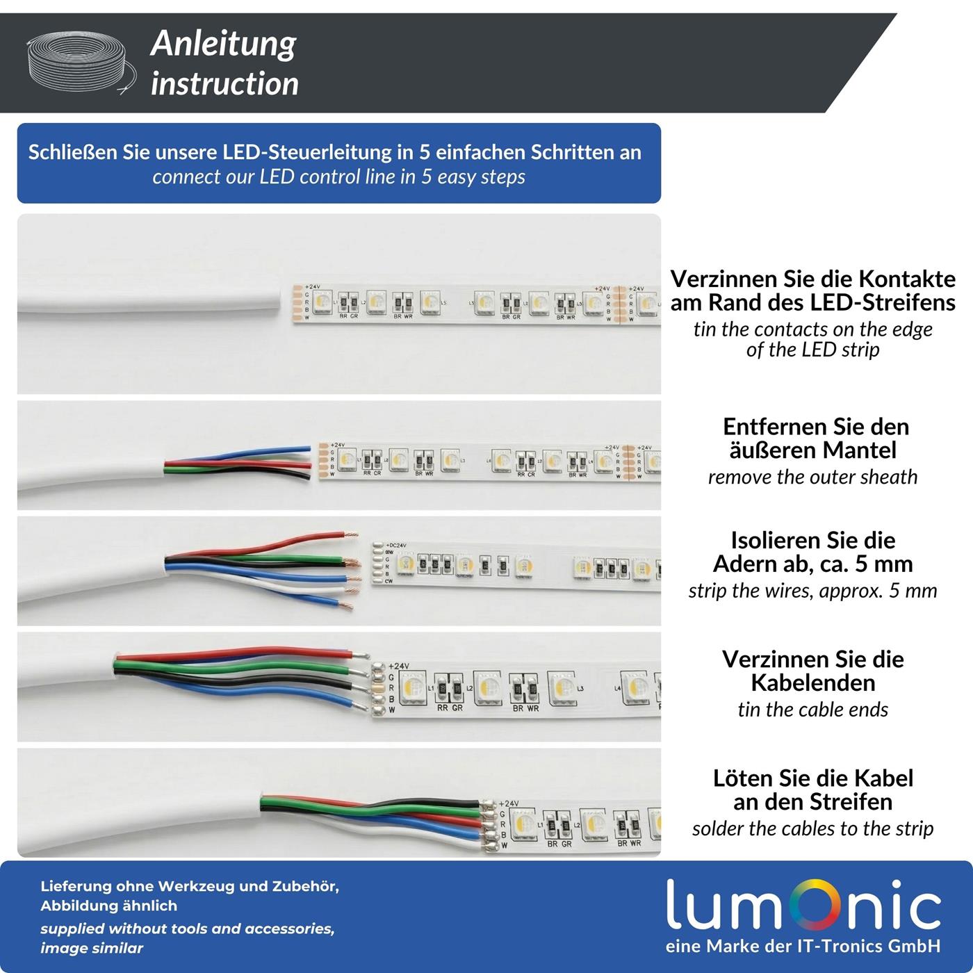 1m RGBW LED Steuerleitung 5x 0,34mm² LiYY Verlängerung 5 adrig Stromkabel Weiß