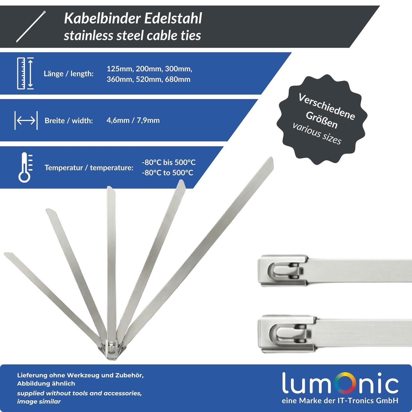 Kabelbinder Edelstahl, 125 × 4,6mm, extra stark, bis 46kg Zugfestigkeit, bis 500°C, UV-Beständig & Wetterfest, Kabelbinder Metall für Outdoor, Solar, Auspuff & Zaun
