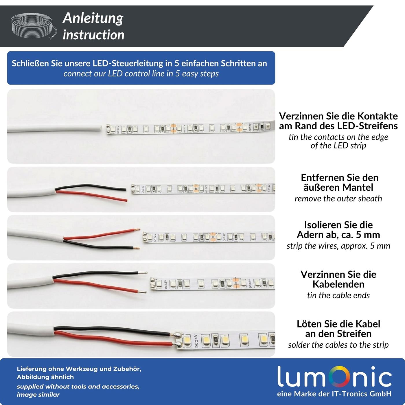 1m LED Steuerleitung 2x 0,34mm² LiYY Verlängerung 2 adrig Stromkabel Weiß