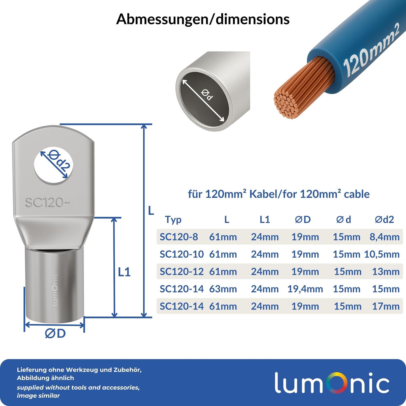 Rohrkabelschuh blank 120mm² Lochdurchmesser M8 SC120-8 Ringzunge Kupfer verzinnt