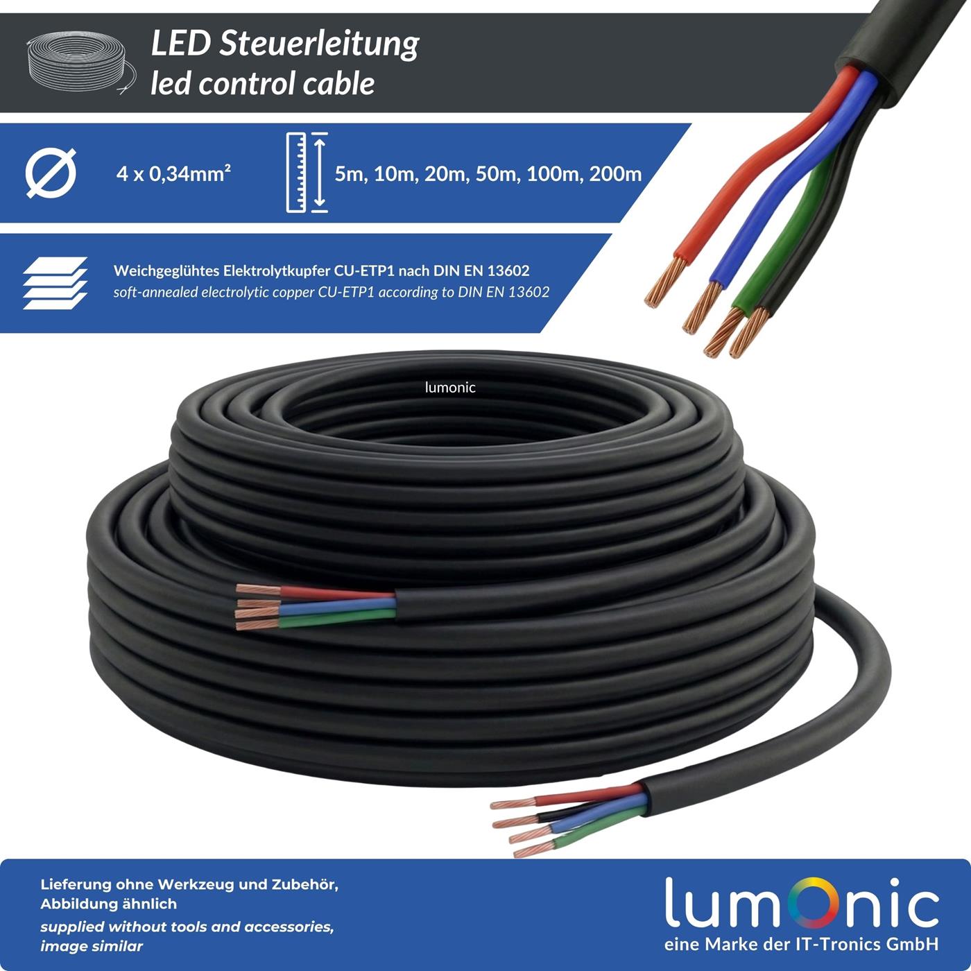 1m RGB LED Steuerleitung 4x 0,34mm² LiYY Verlängerung 4 adrig Stromkabel Schwarz UV beständig