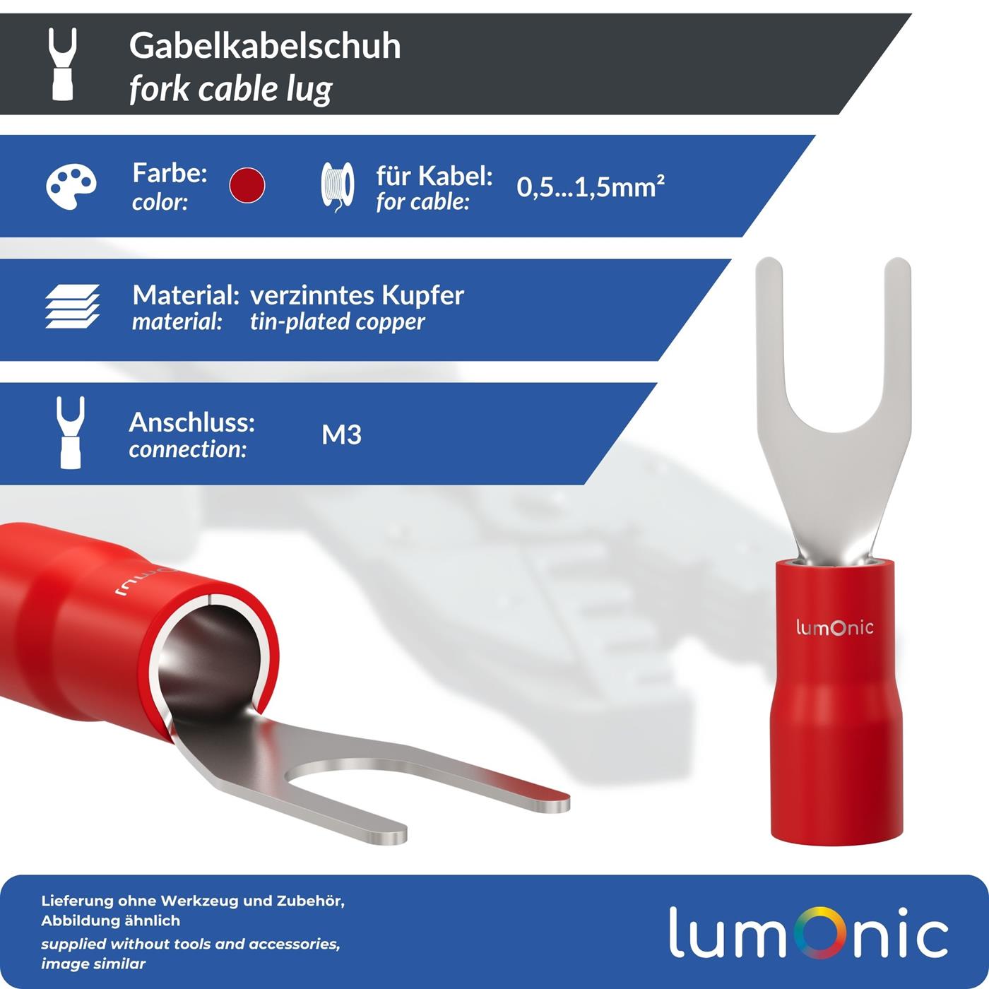 25x Gabelkabelschuh teilisoliert 0,5-1,5mm² Lochdurchmesser M3 Rot Ringzunge Kupfer verzinnt