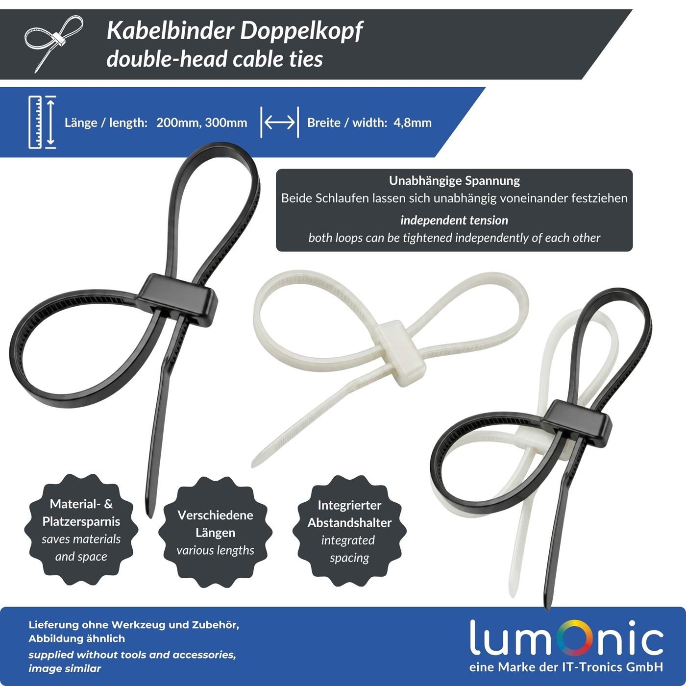 100 Stück Kabelbinder Doppelschlaufe Weiß, 200 × 4,8mm, bis 22kg Zugfestigkeit, Nylon PA6.6, Zwei Bündel an einem Fixpunkt, Kabelmanagement, Industrie, Haushalt