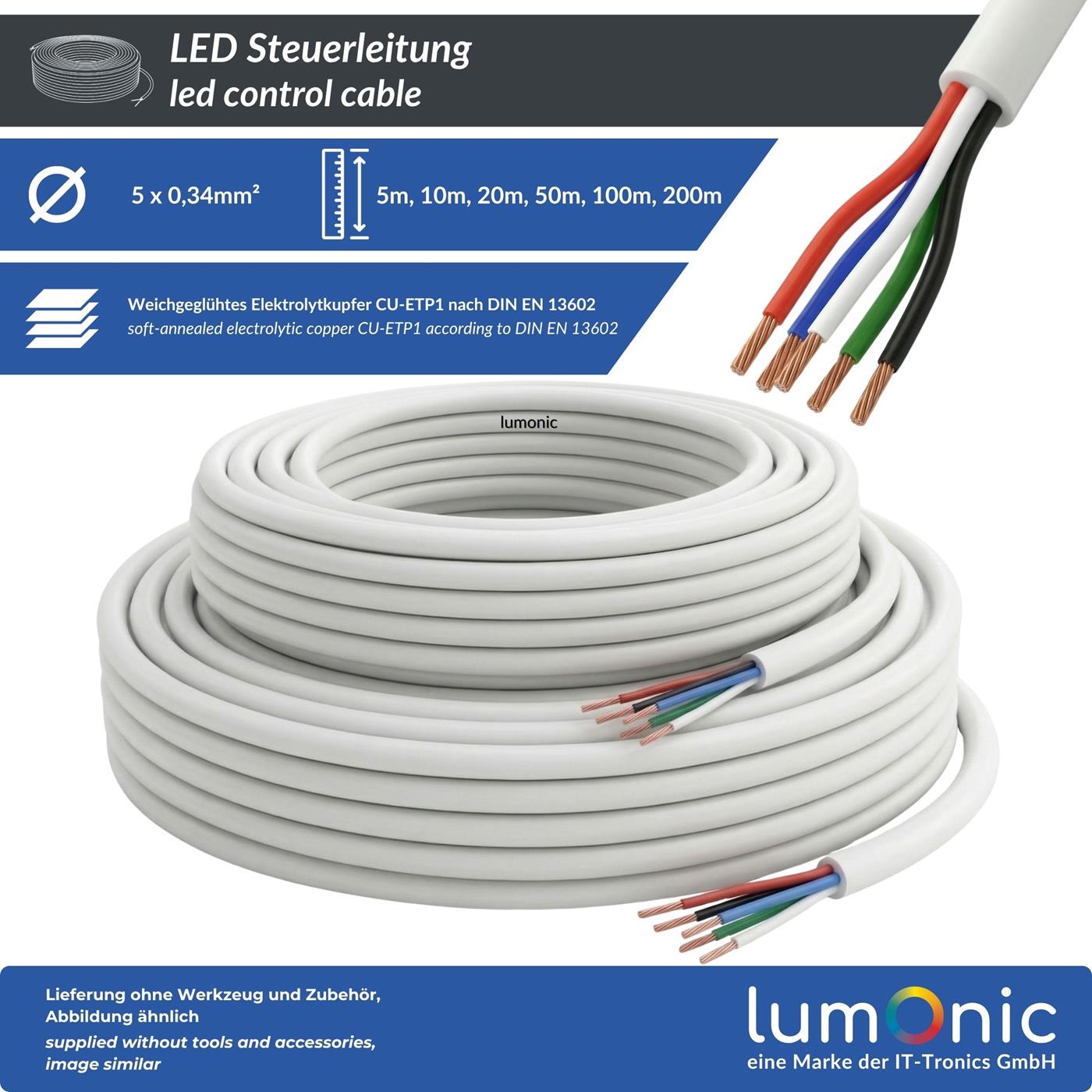 1m RGBW LED Steuerleitung 5x 0,34mm² LiYY Verlängerung 5 adrig Stromkabel Weiß