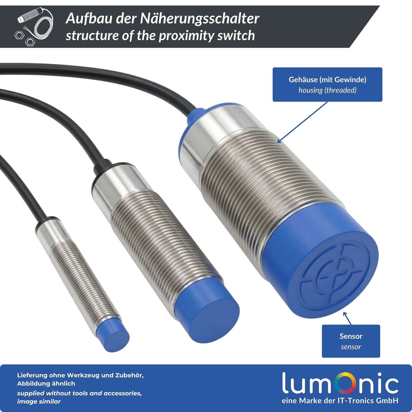 Näherungsschalter , M8 ?8mm, 6…36V DC, Öffner, NPN, IP67, Erfassungsbereich < 2mm, Näherungssensor aus Messing, vernickelt, Endschalter mit offenem Kabelende