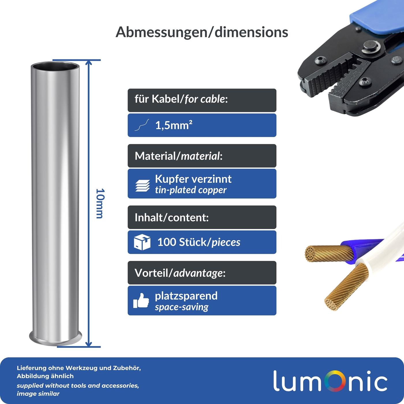 100x Aderendhülse blank 1,5mm² Kupfer verzinnt 1,7x10mm Hülse