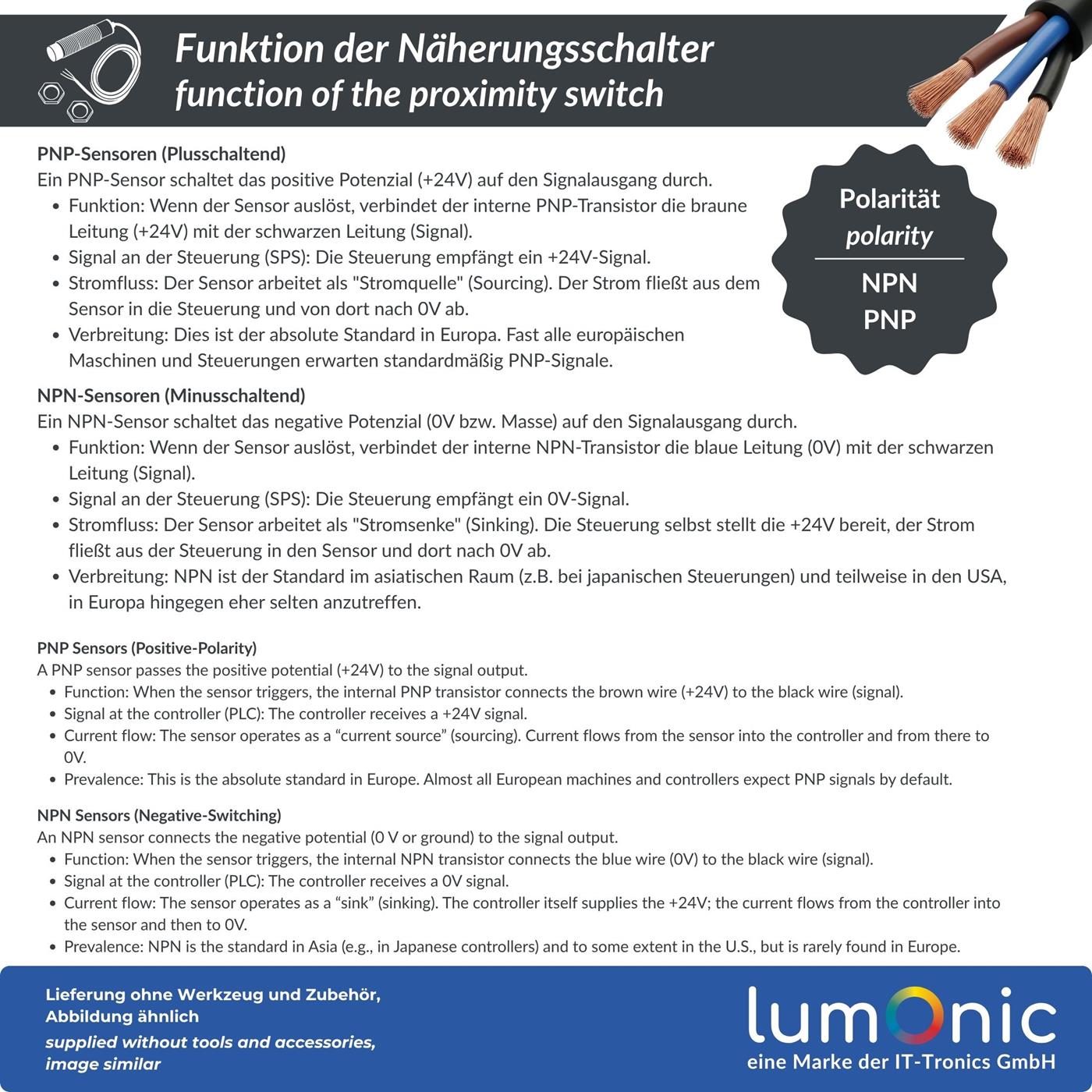 Näherungsschalter , M12 ?12mm, 6…36V DC, Öffner, PNP, IP67, Erfassungsbereich < 4mm, Näherungssensor aus Messing, vernickelt, Endschalter mit offenem Kabelende