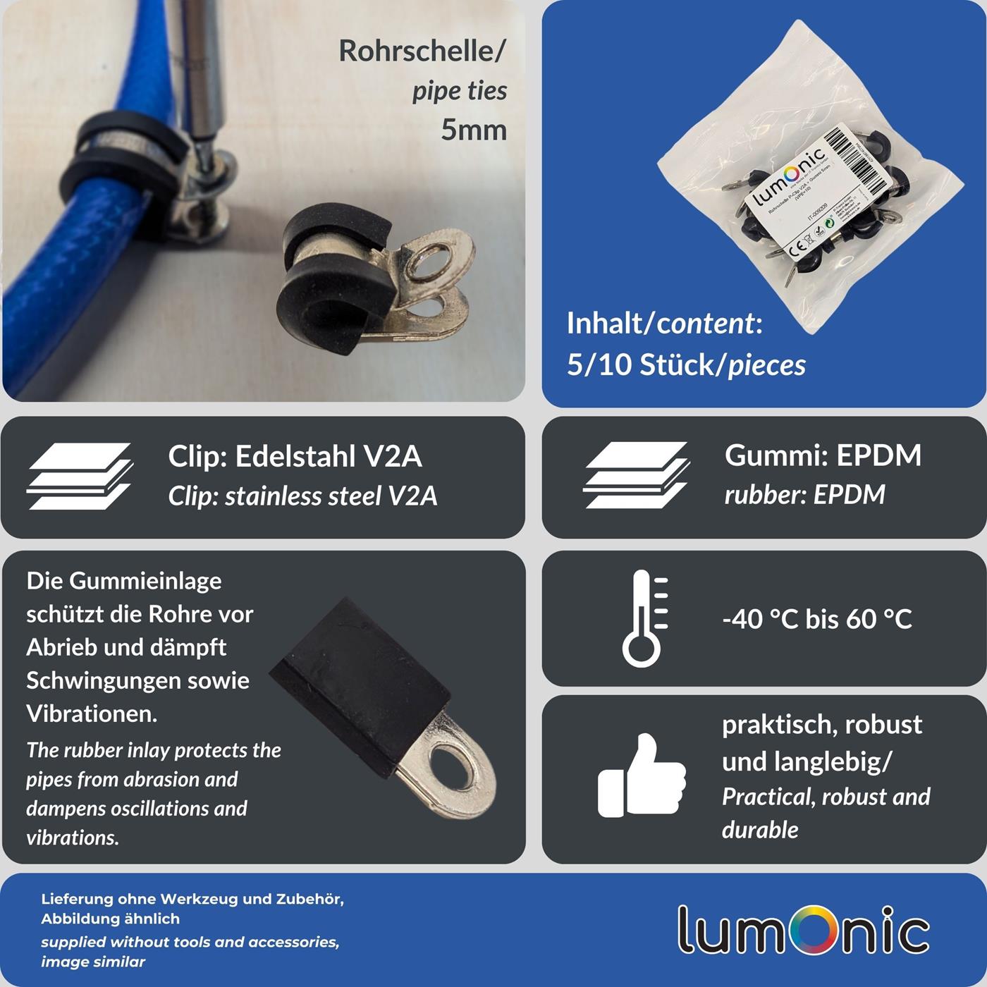 10x P-Clip Leitungsschelle Edelstahl V2A mit Gummi 5mm Rohrschelle Befestigungsschelle