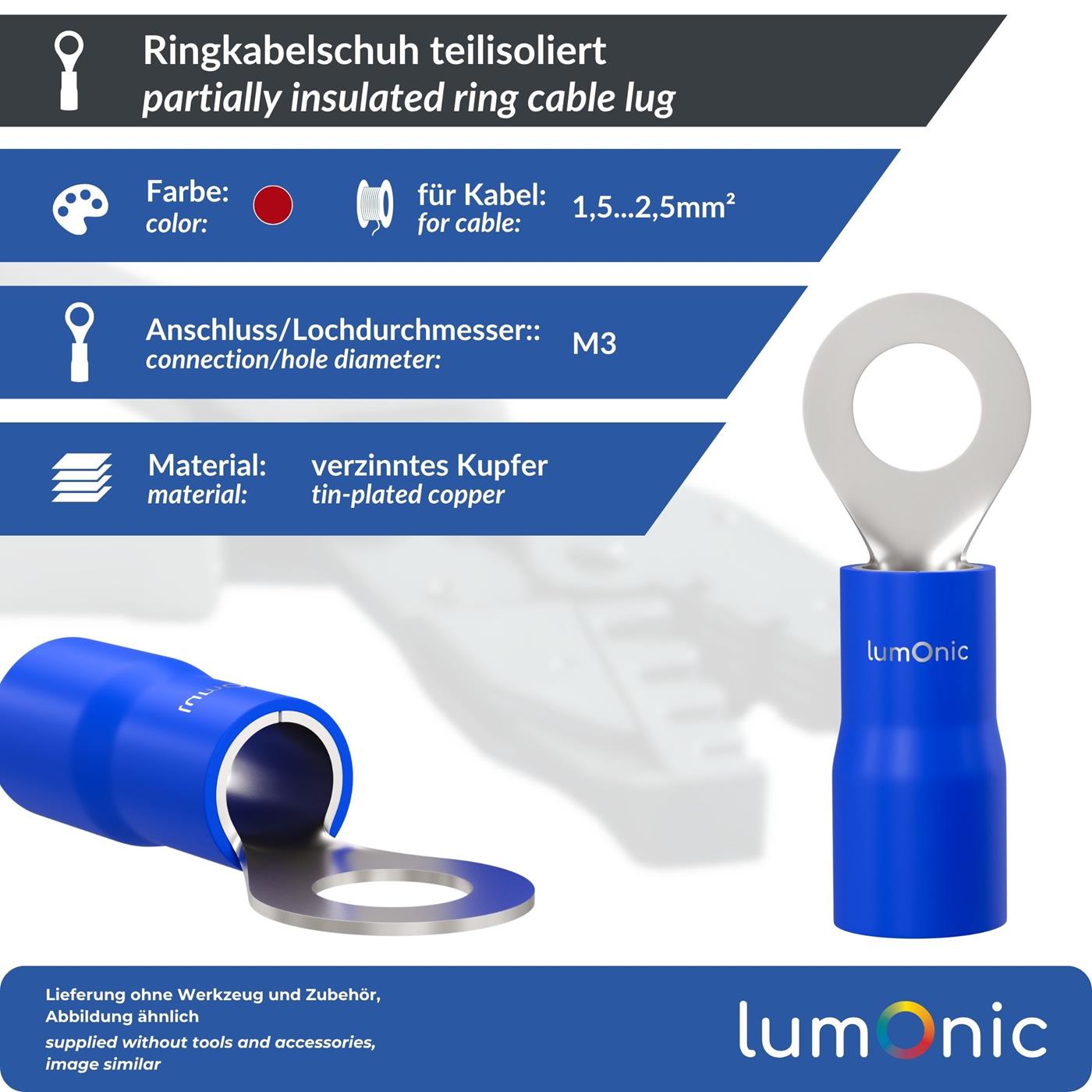 25x Ringkabelschuh teilisoliert 1,5-2,5mm² Lochdurchmesser M3 Blau Ringzunge Kupfer verzinnt