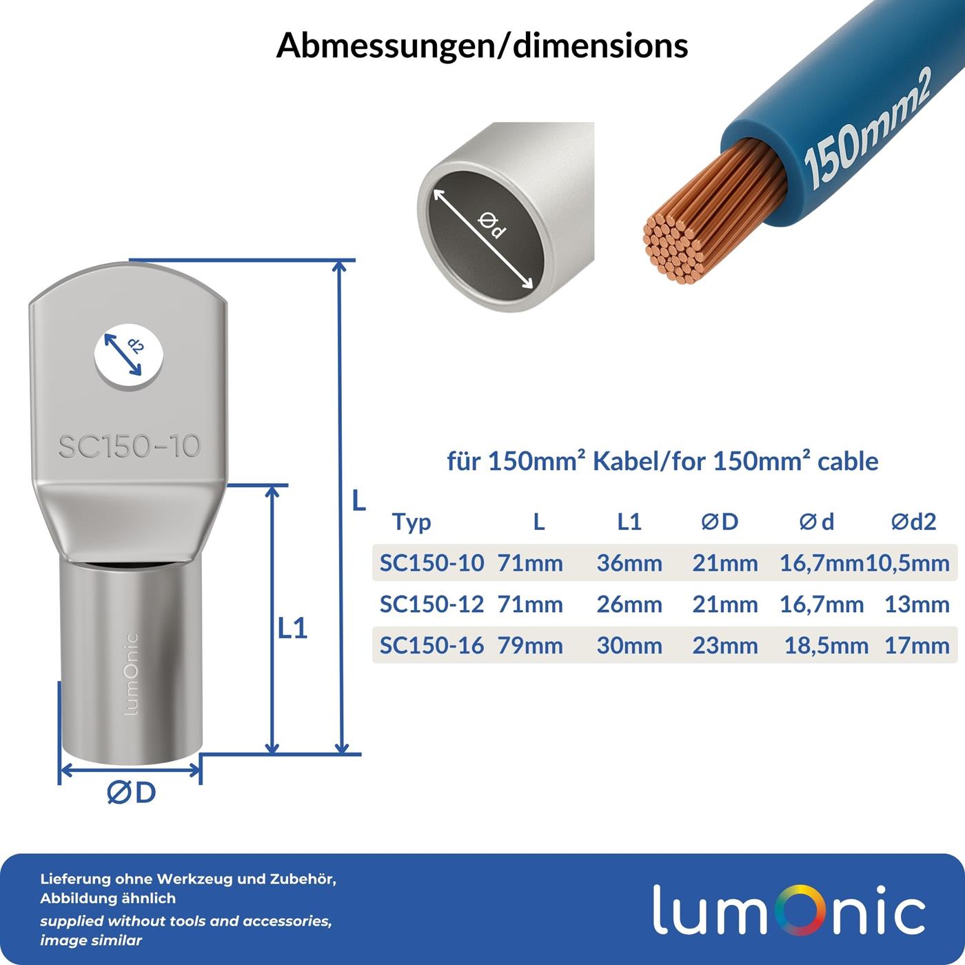 Rohrkabelschuh blank 150mm² Lochdurchmesser M10 SC150-10 Ringzunge Kupfer verzinnt