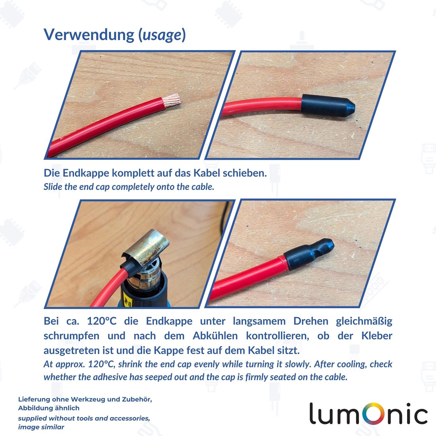 Warmschrumpf Endkappe mit Kleber 14 -> 5mm schwarz Verhältnis 3:1 vernetztes Polyolefin Schrumpfkappe für Kabel, Rohre und Seile