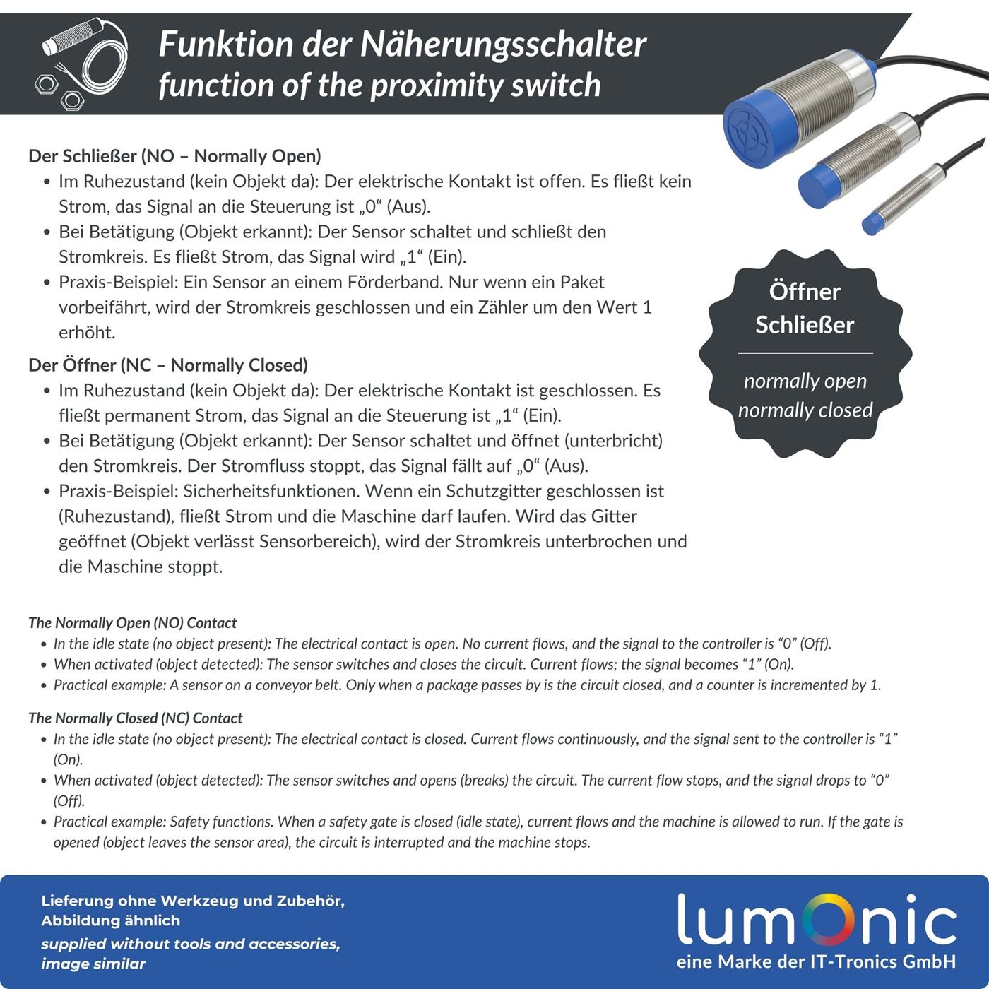 Näherungsschalter , M18 ?18mm, 6…36V DC, Öffner, NPN, IP67, Erfassungsbereich < 5mm, Näherungssensor aus Messing, vernickelt, Endschalter mit offenem Kabelende