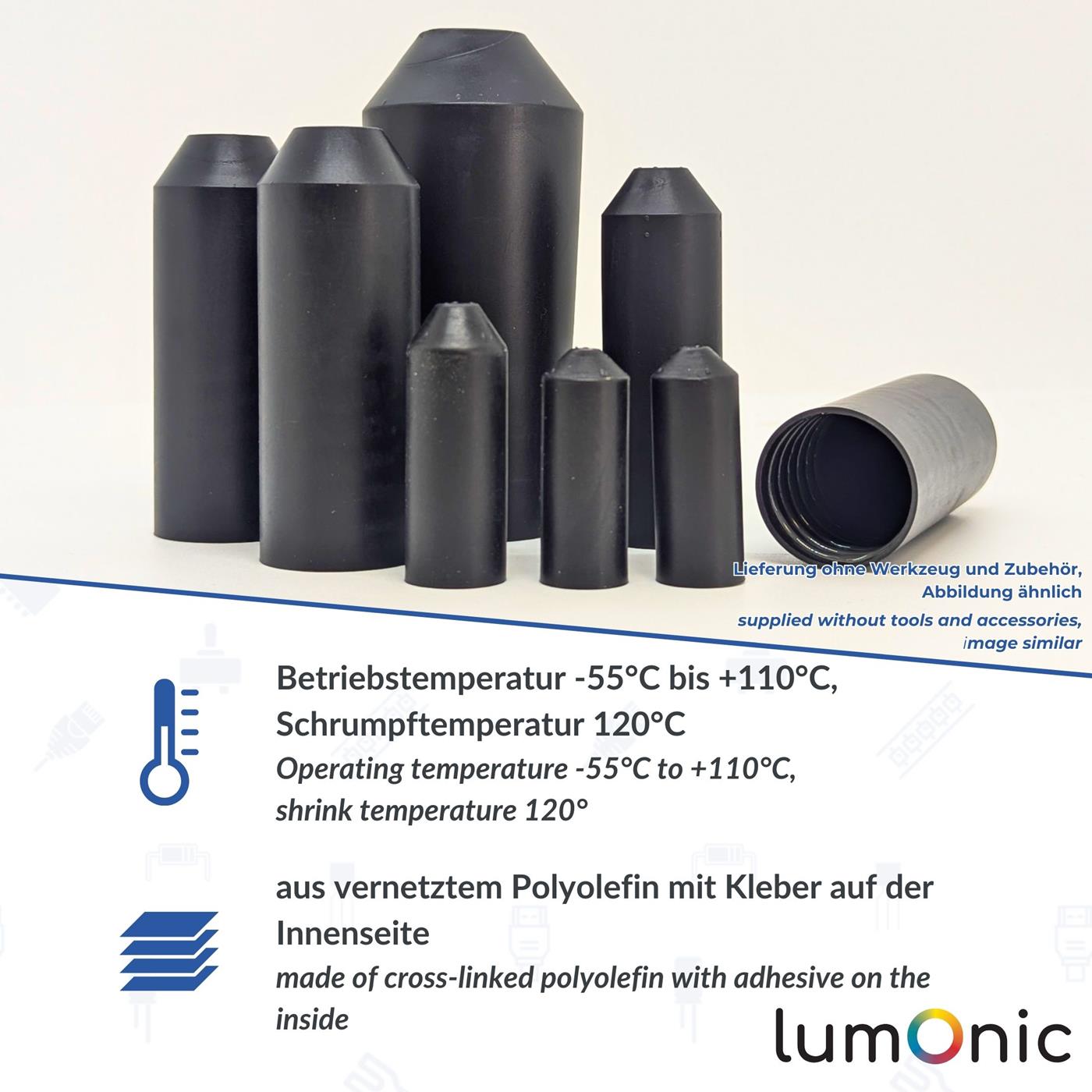 Warmschrumpf Endkappe mit Kleber 14 -> 5mm schwarz Verhältnis 3:1 vernetztes Polyolefin Schrumpfkappe für Kabel, Rohre und Seile
