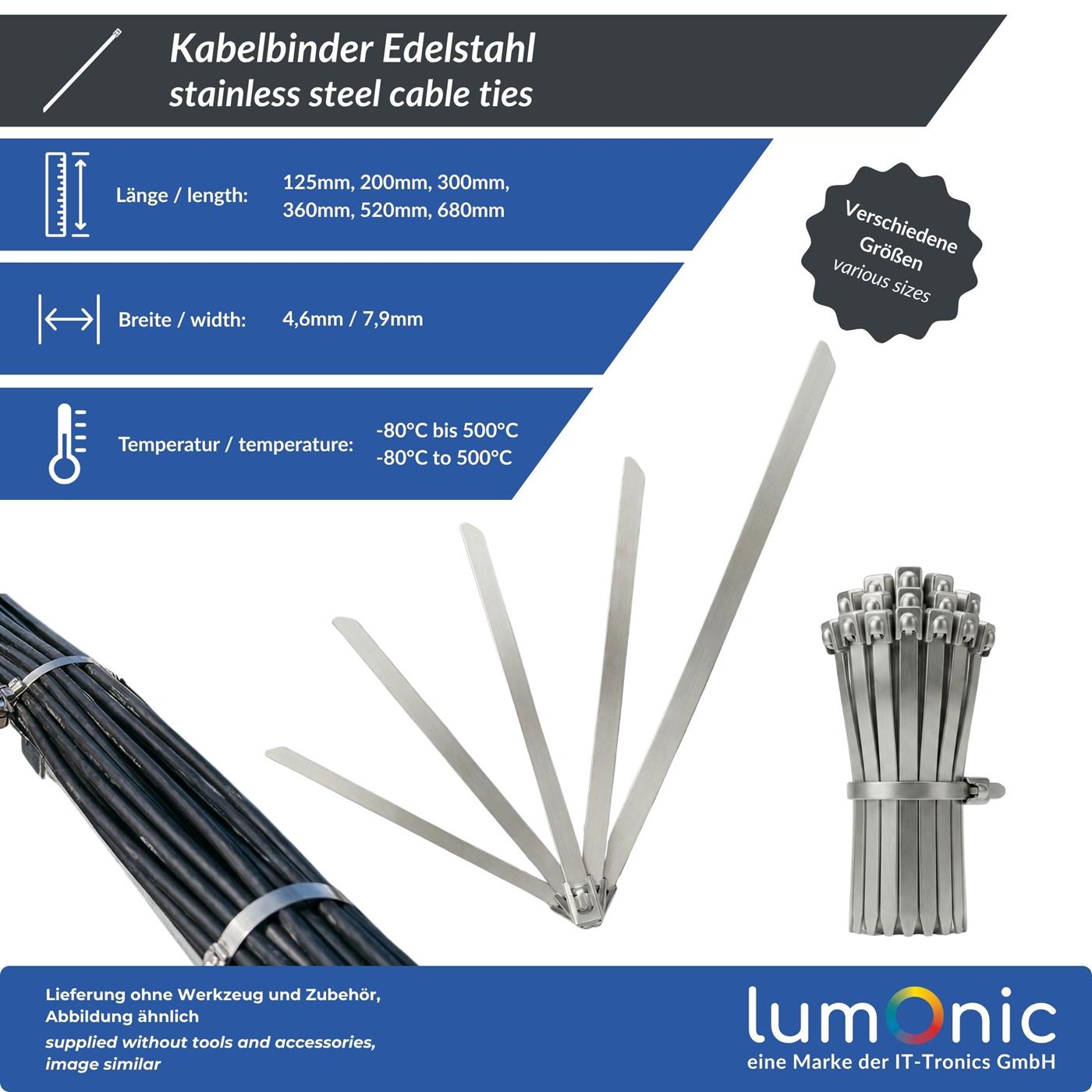 Kabelbinder Edelstahl, 360 × 7,9mm, extra stark, bis 114kg Zugfestigkeit, bis 500°C, UV-Beständig & Wetterfest, Kabelbinder Metall für Outdoor, Solar, Auspuff & Zaun