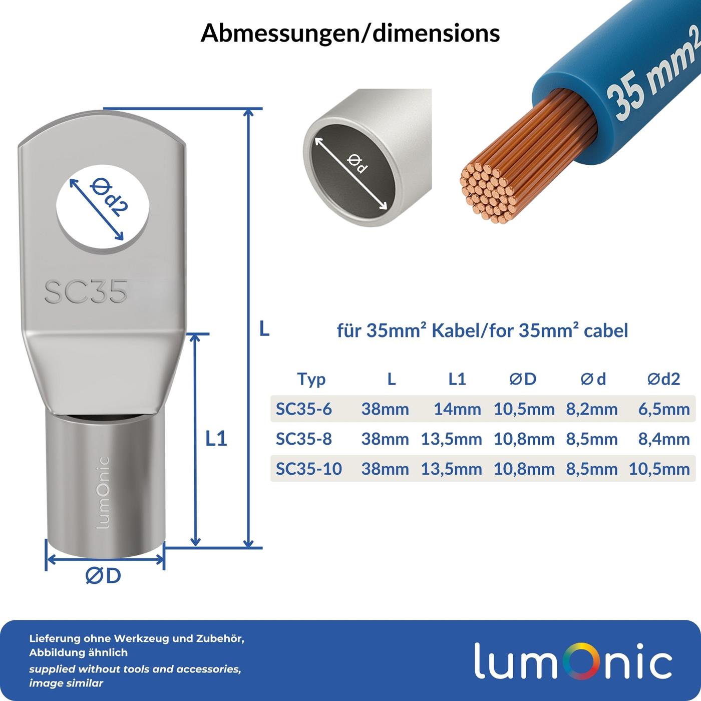 Rohrkabelschuh blank 35mm² Lochdurchmesser M8 SC35-8 Ringzunge Kupfer verzinnt