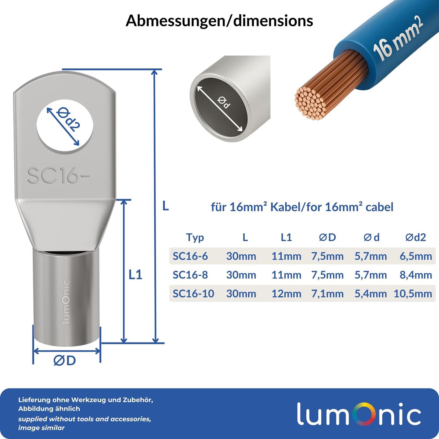 10x Rohrkabelschuh blank 16mm² Lochdurchmesser M6 SC16-6 Ringzunge Kupfer verzinnt
