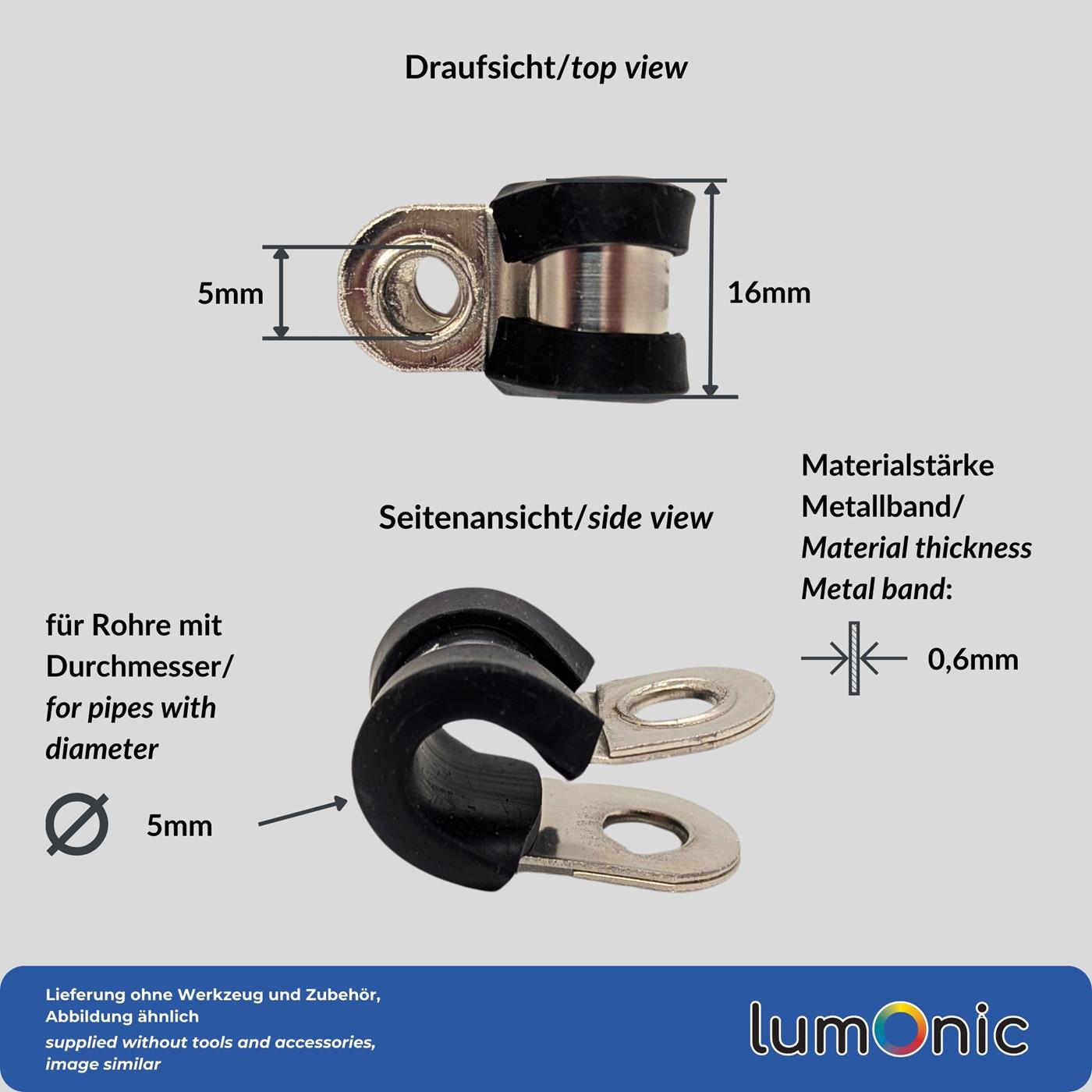 10x P-Clip Leitungsschelle Edelstahl V2A mit Gummi 5mm Rohrschelle Befestigungsschelle