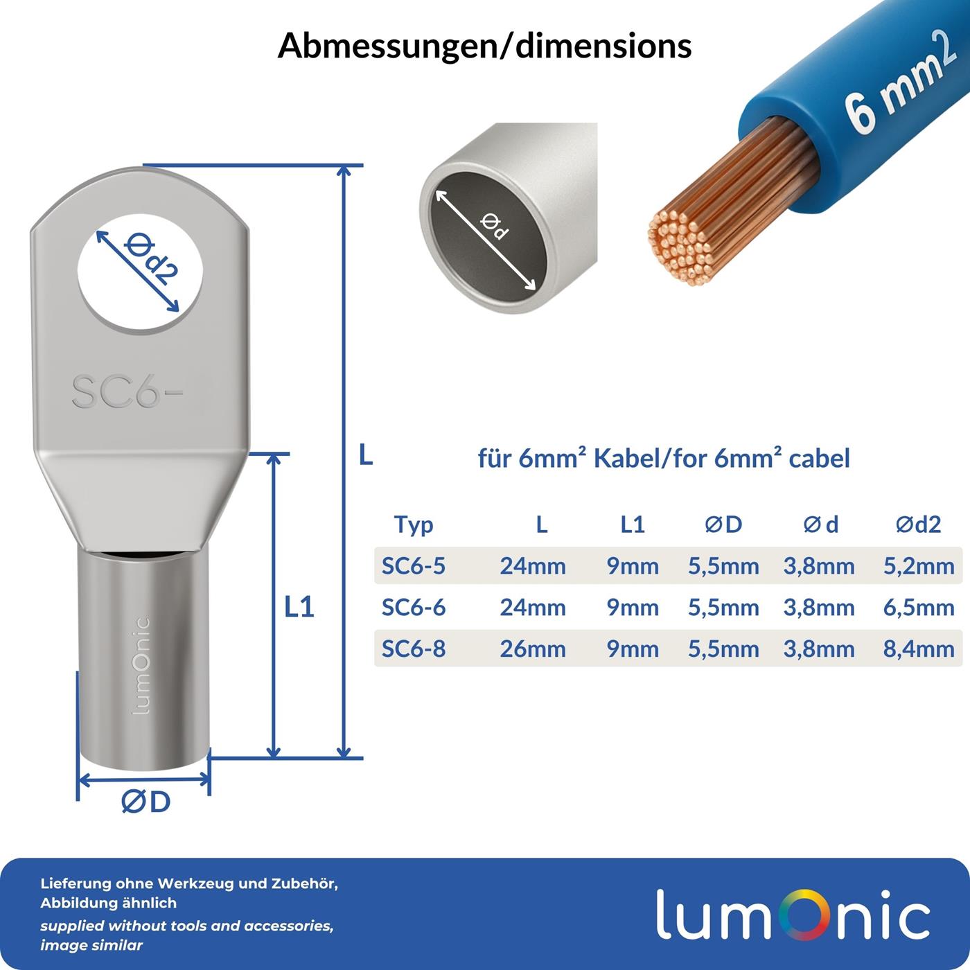 10x Rohrkabelschuh blank 6mm² Lochdurchmesser M5 SC6-5 Ringzunge Kupfer verzinnt